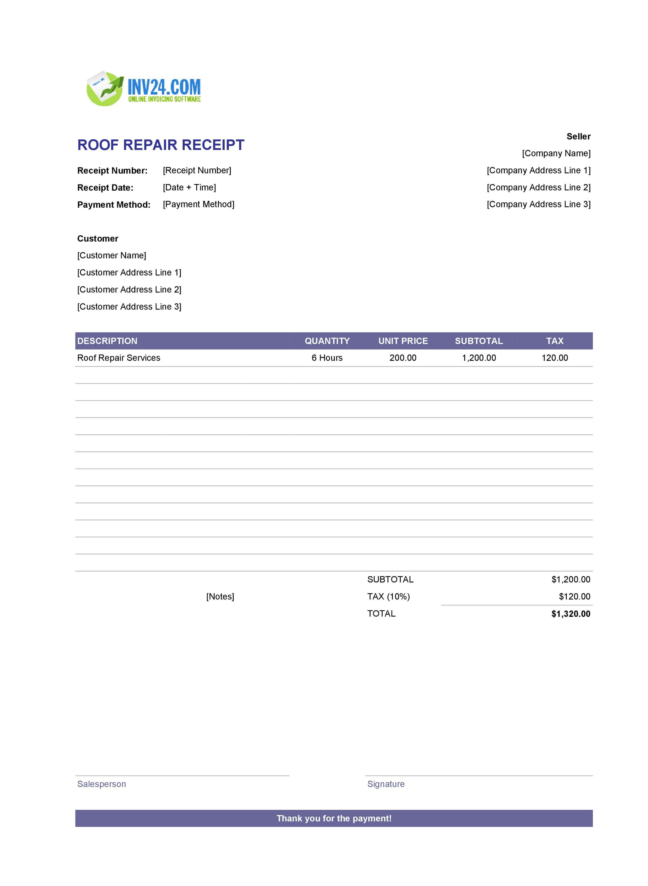 Roof Repair Receipt Template (Excel / Google Sheets) Roof Repair Receipt Template (Excel / Google Sheets)
