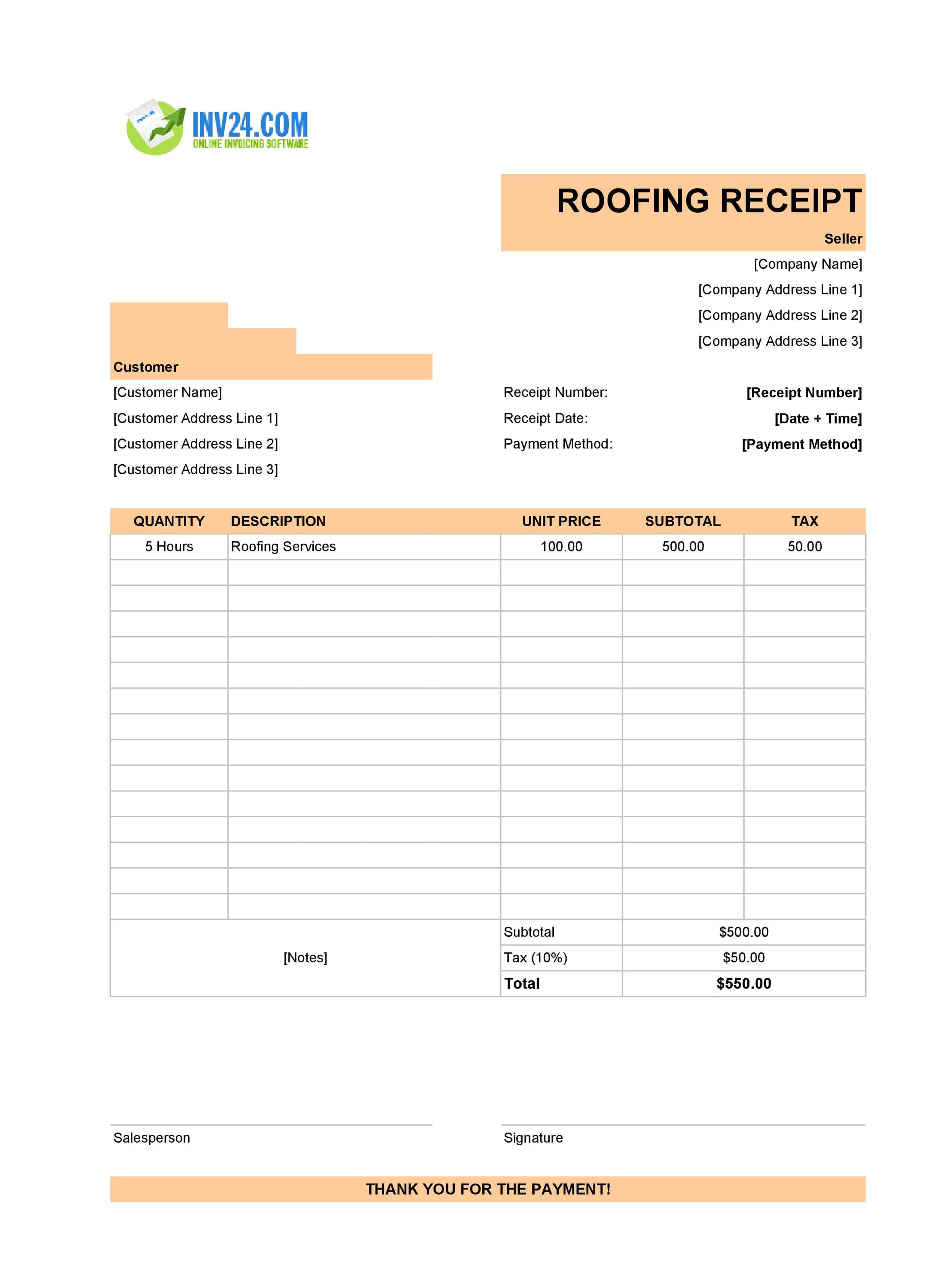 Roofing Receipt Template (Excel / Google Sheets) Roofing Receipt Template (Excel / Google Sheets)