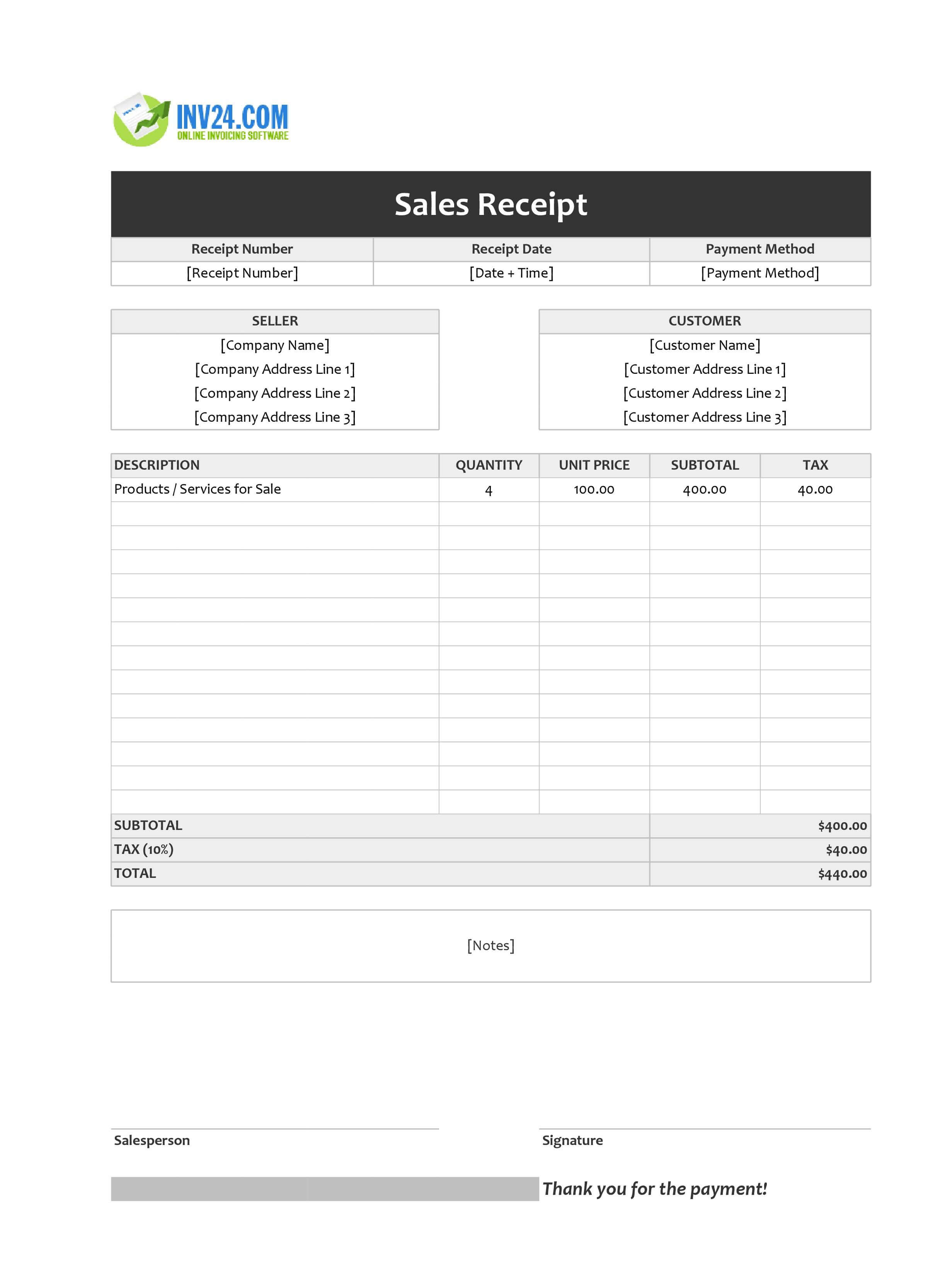Sales Receipt Template (Excel / Google Sheets)