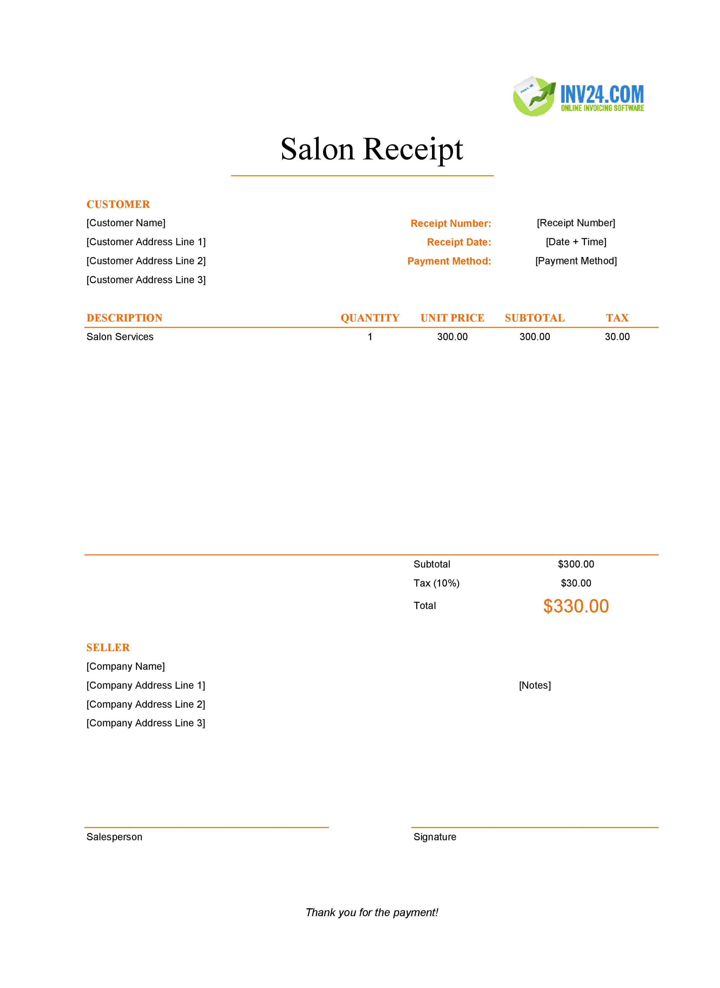 Salon Receipt Template (Excel / Google Sheets)