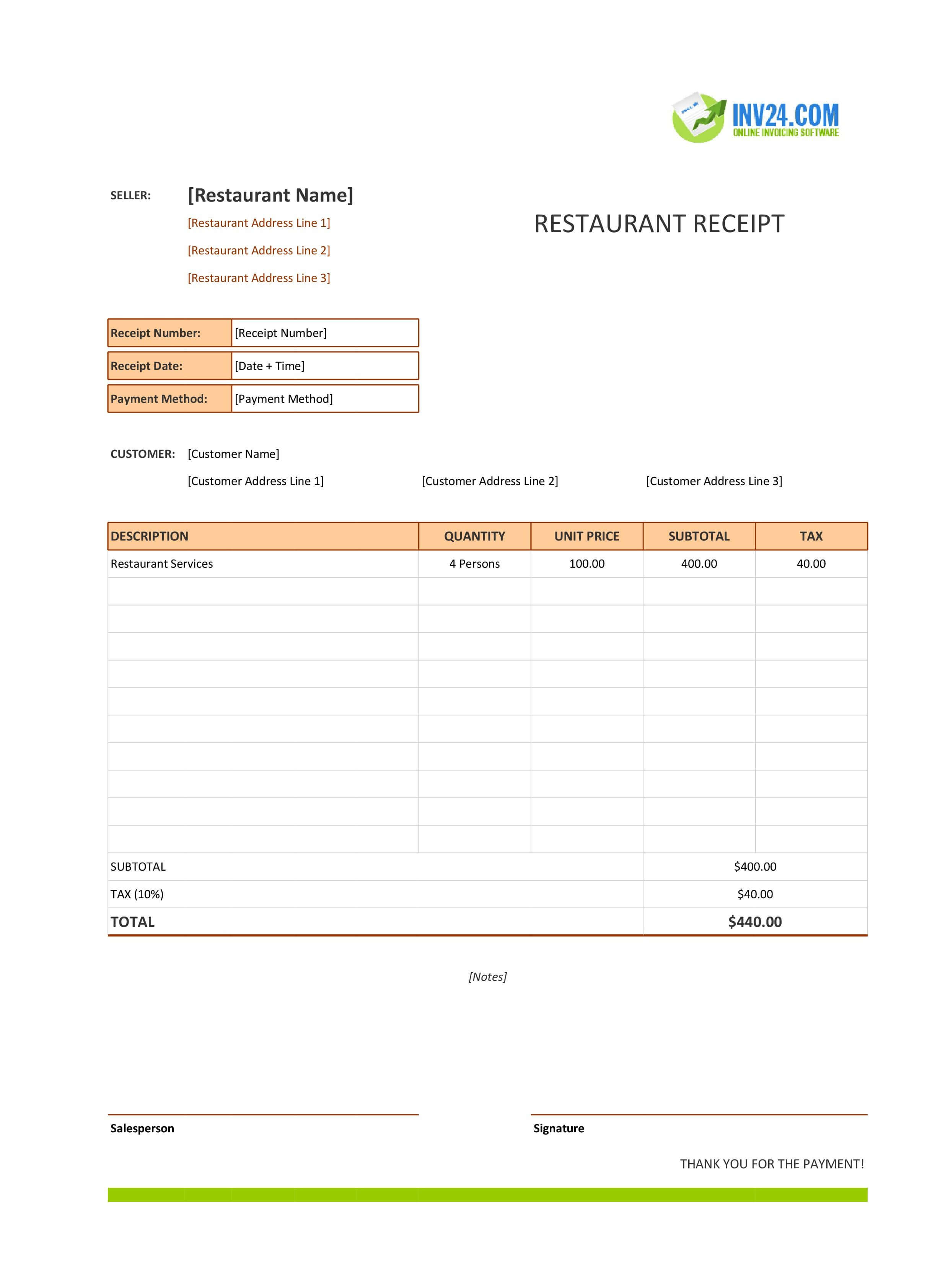 Sample Restaurant Receipt Template (Excel / Google Sheets)