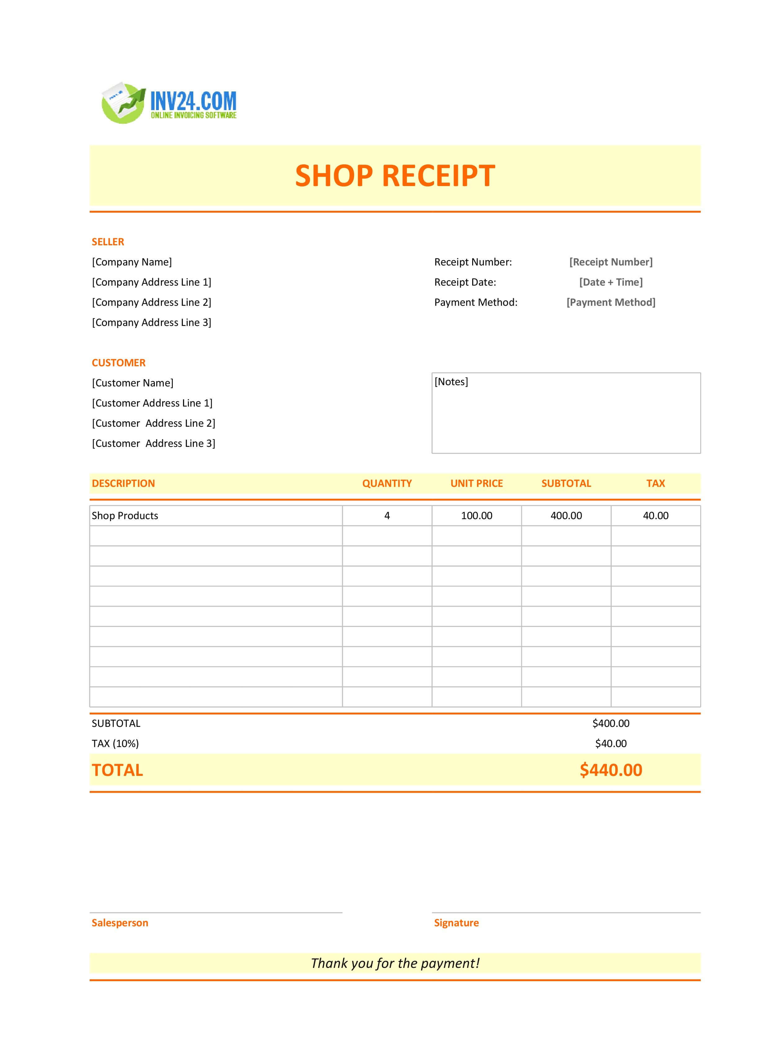 Shop Receipt Template (Excel / Google Sheets)