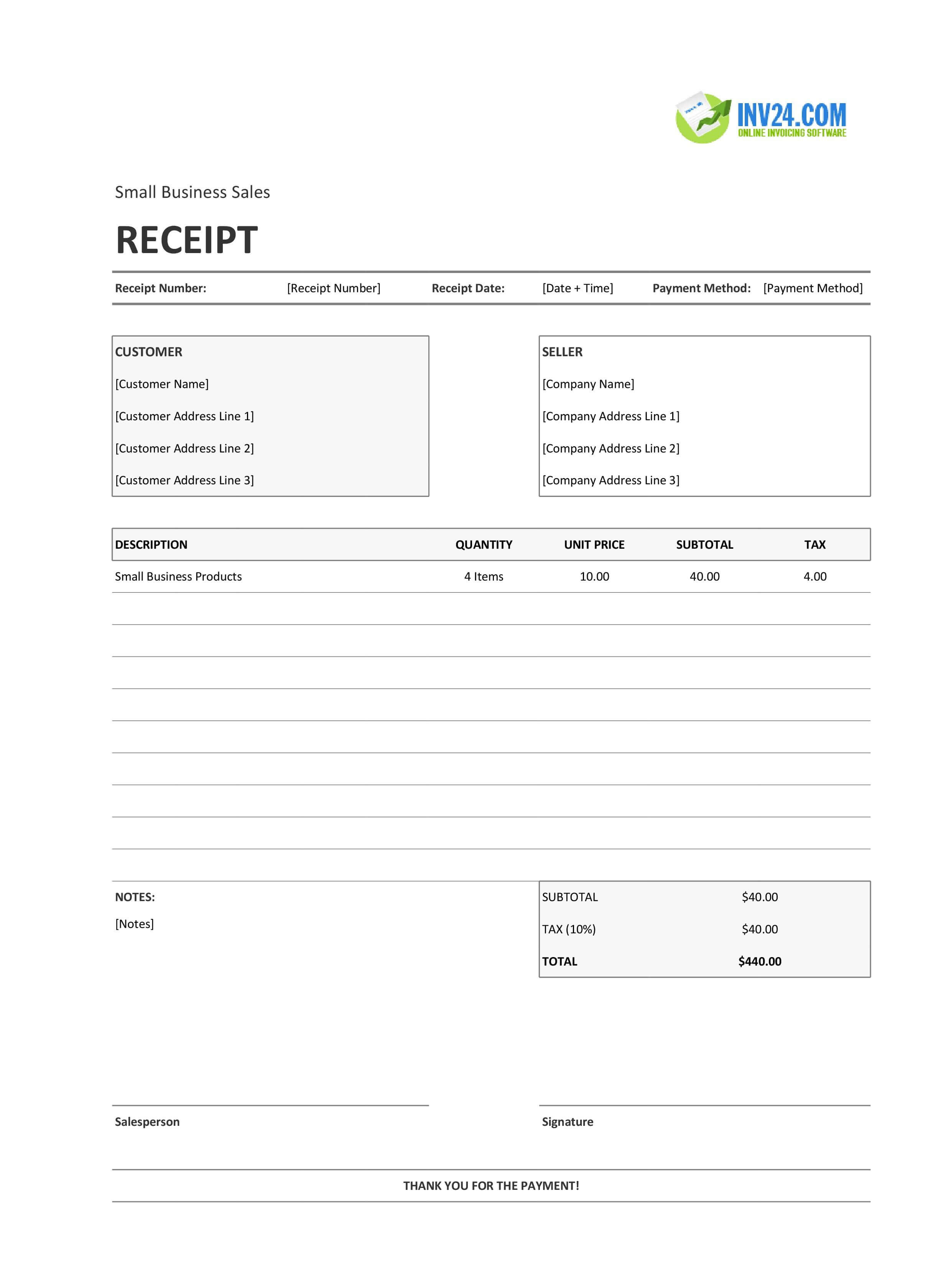 Small Business Sales Receipt Template (Excel / Google Sheets)