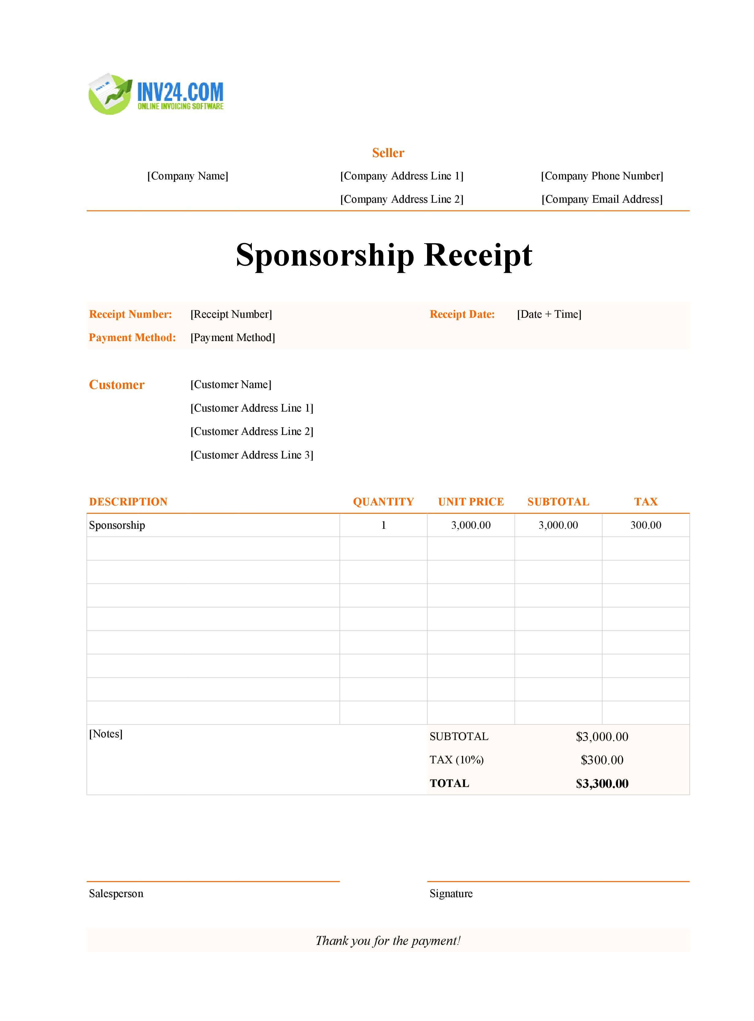 Sponsorship Receipt Template (Excel / Google Sheets)