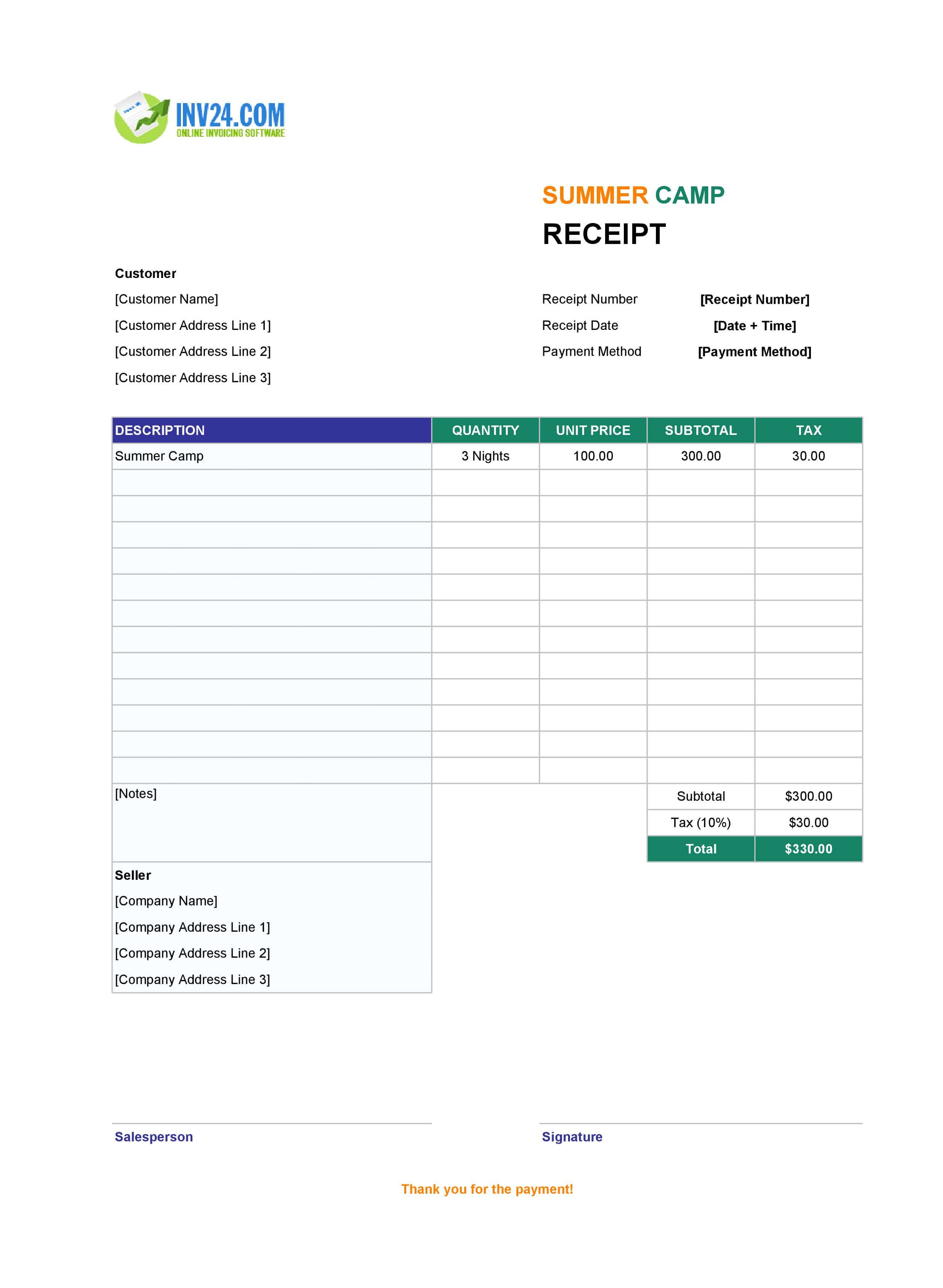 Summer Camp Receipt Template (Excel / Google Sheets)
