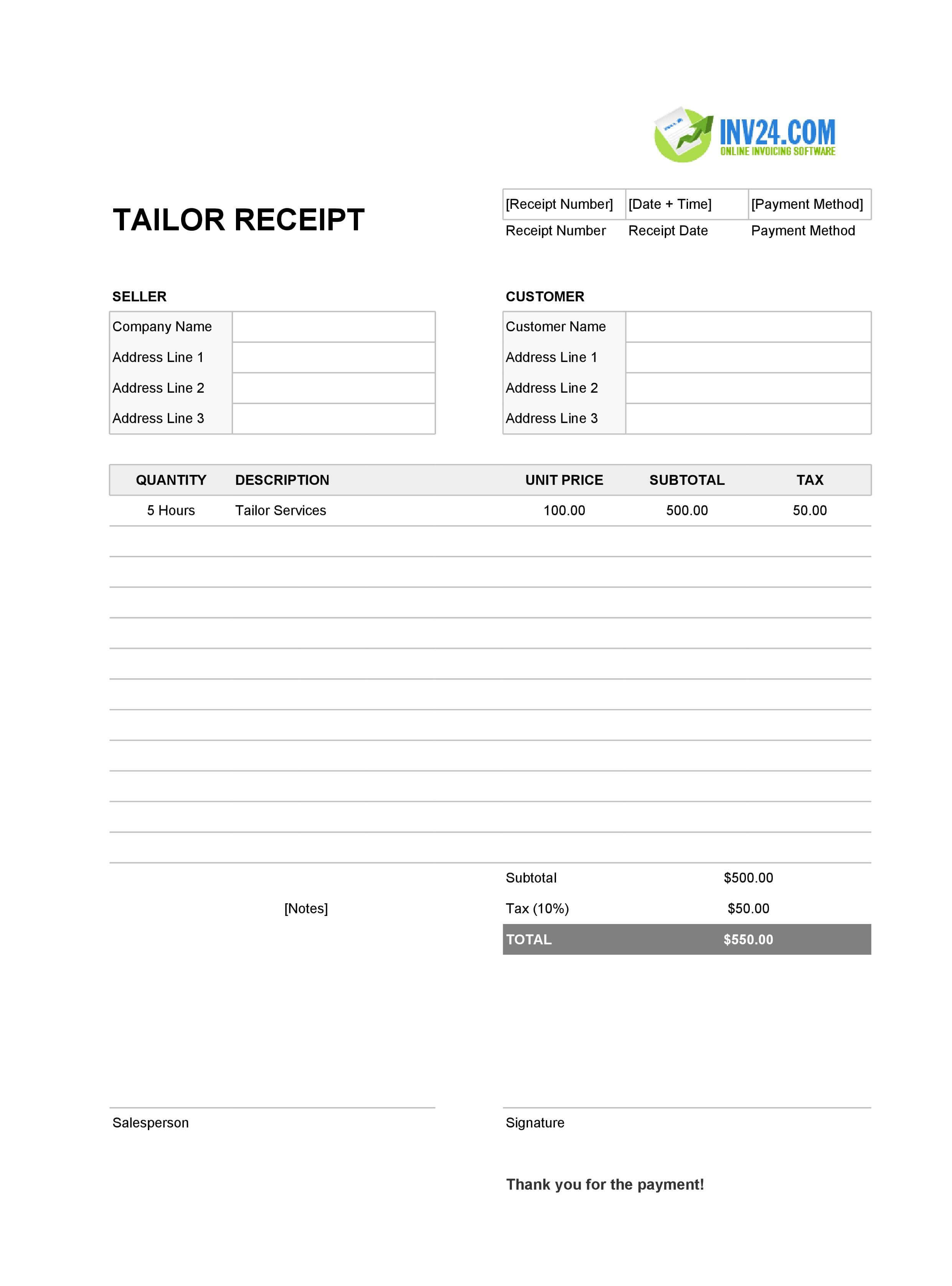 Tailor Receipt Template (Excel / Google Sheets) Tailor Receipt Template (Excel / Google Sheets)
