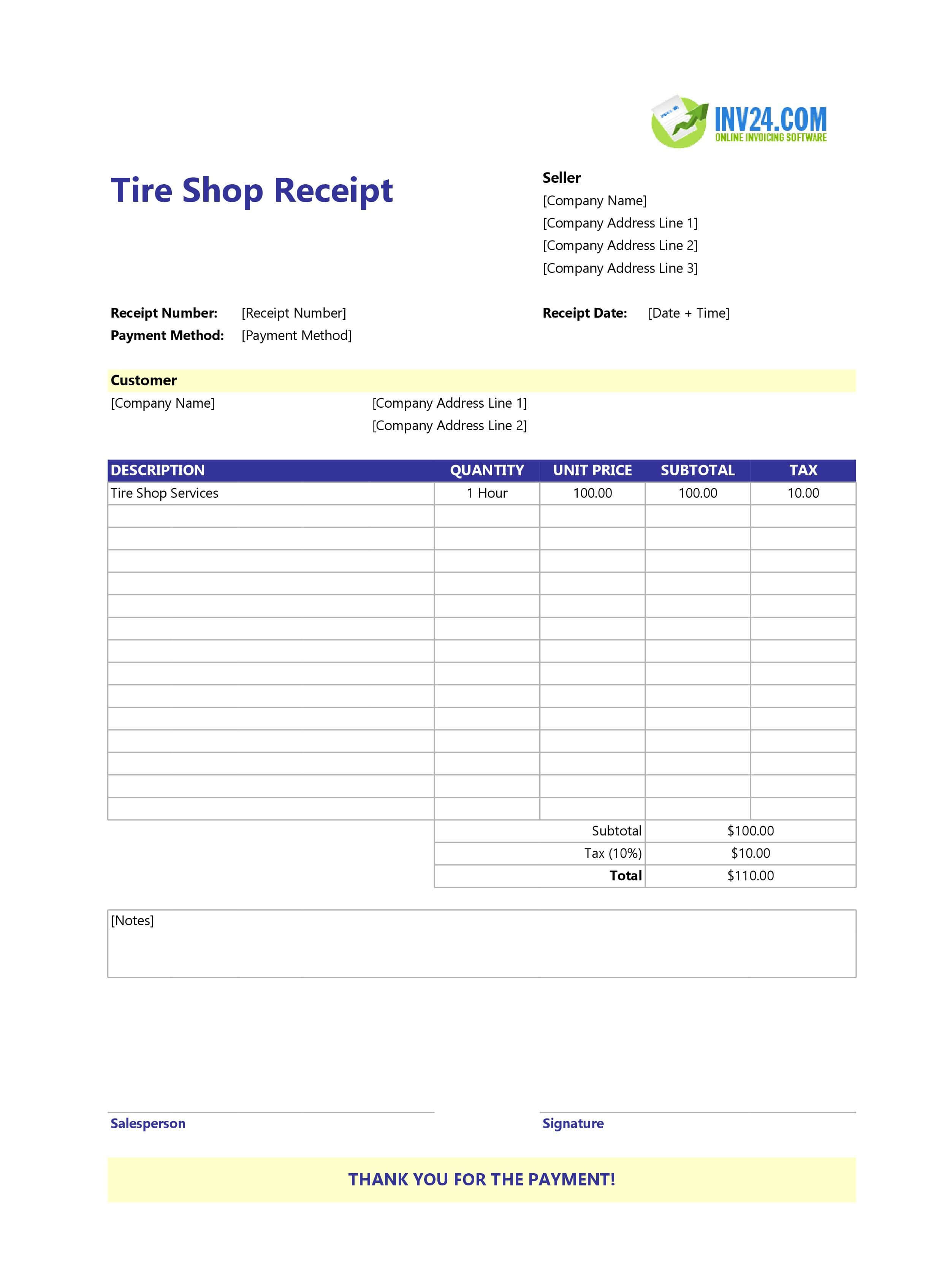 Tire Shop Receipt Template (Excel / Google Sheets) Tire Shop Receipt Template (Excel / Google Sheets)