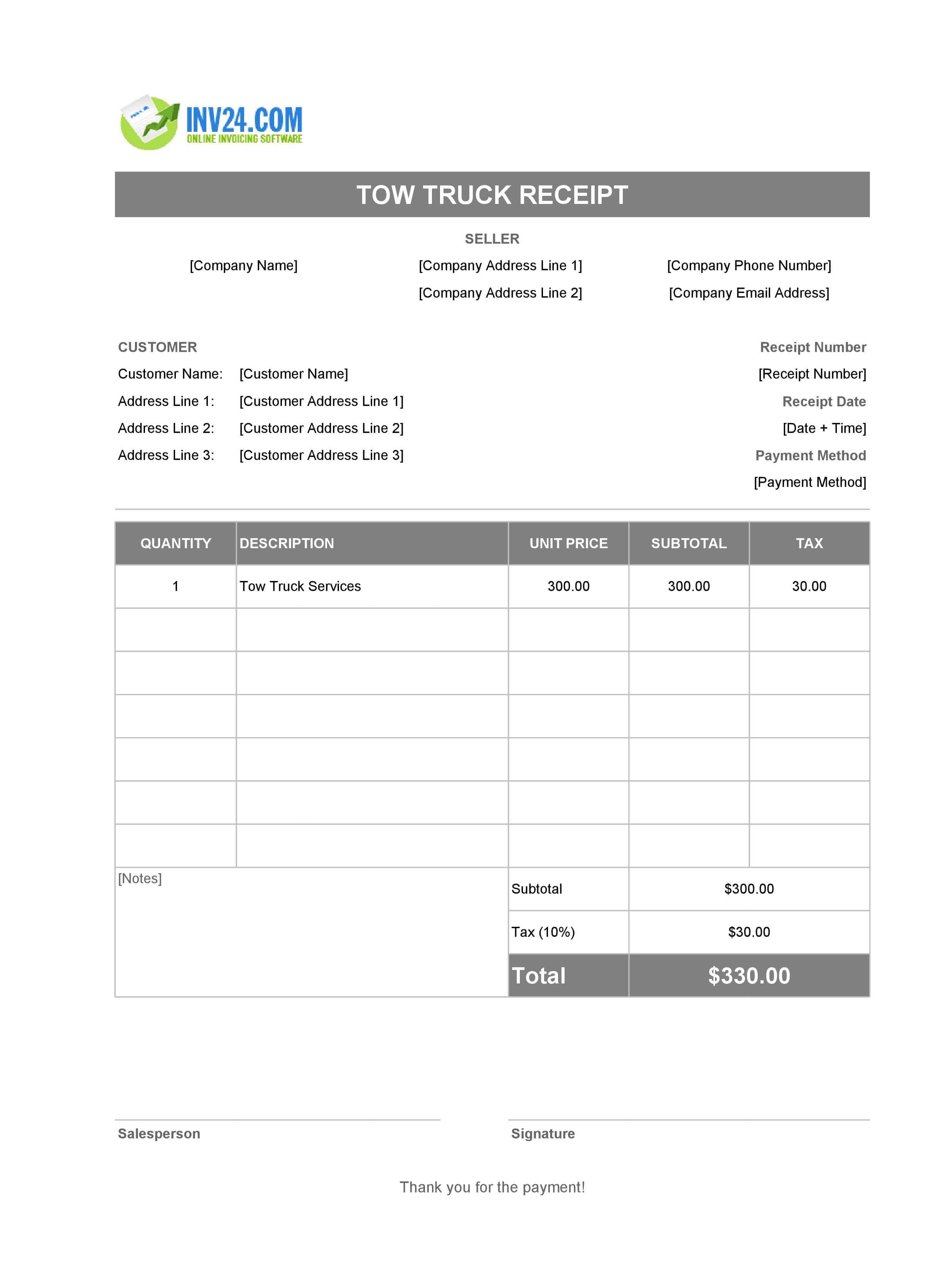 Tow Truck Receipt Template (Excel / Google Sheets) Tow Truck Receipt Template (Excel / Google Sheets)