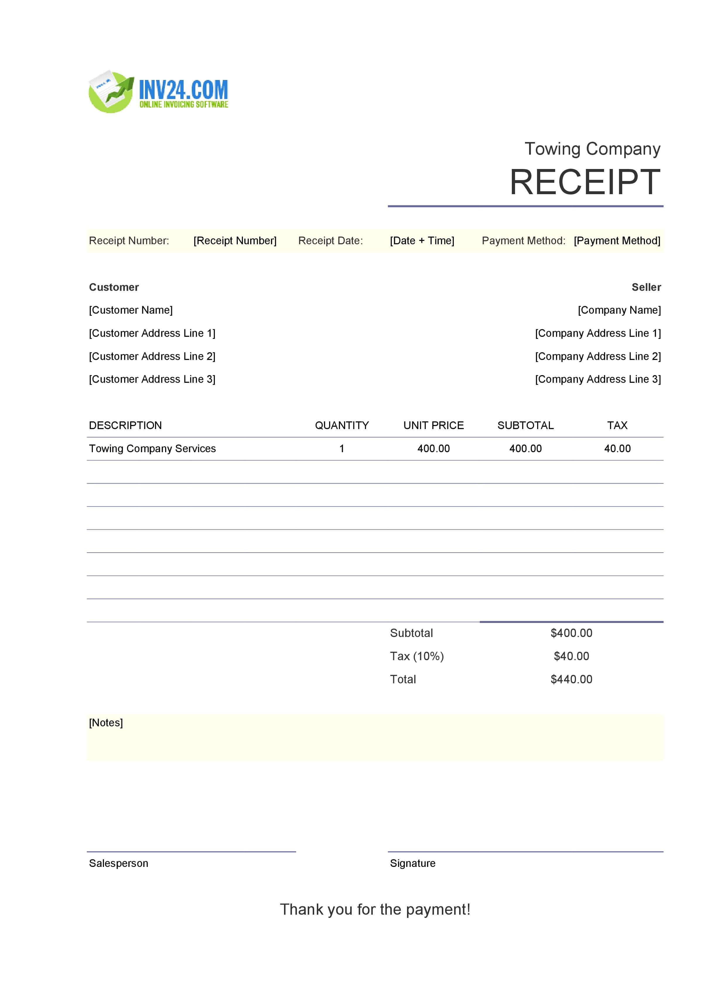 Towing Company Receipt Template (Excel / Google Sheets) Towing Company Receipt Template (Excel / Google Sheets)