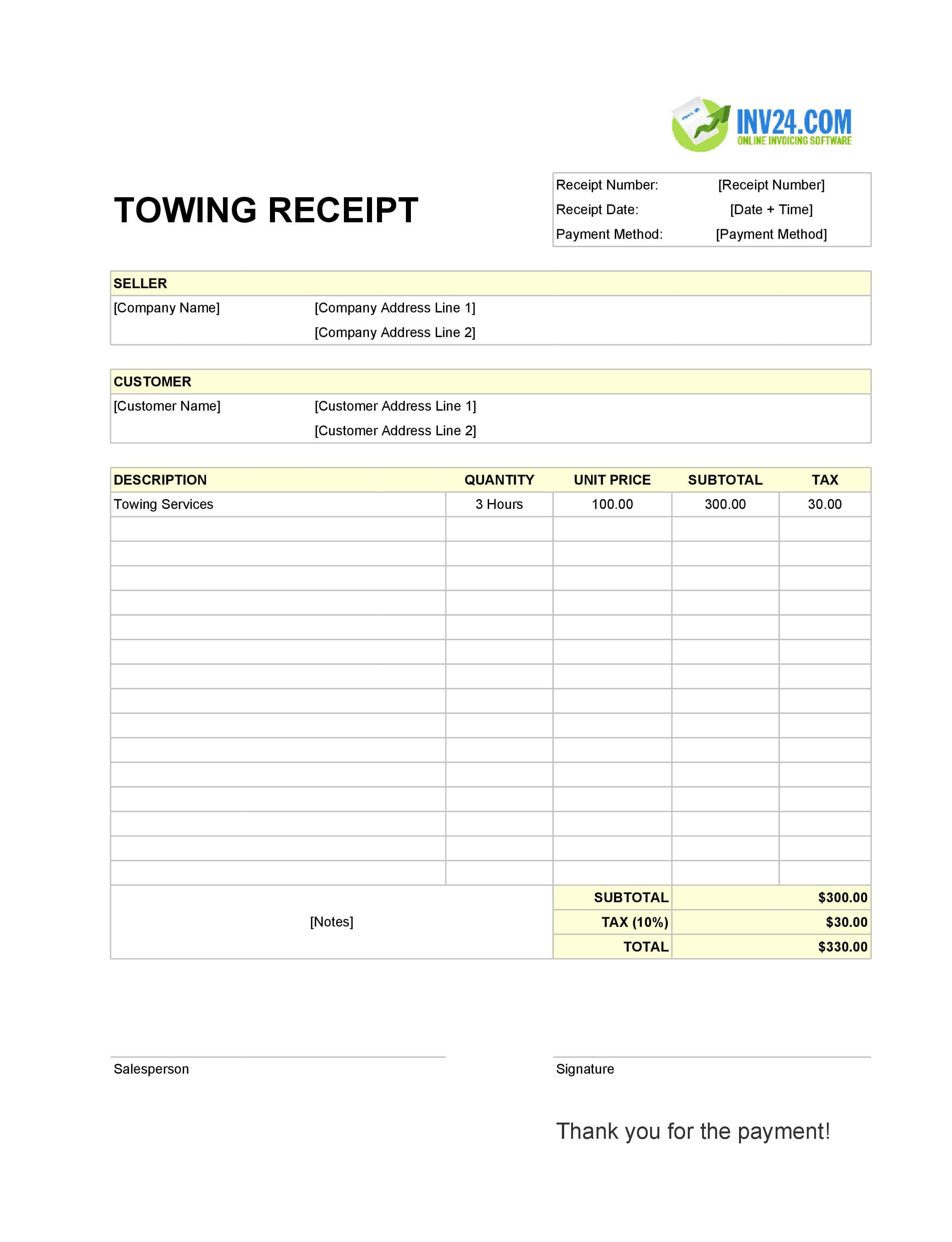 Towing Receipt Template (Excel / Google Sheets) Towing Receipt Template (Excel / Google Sheets)