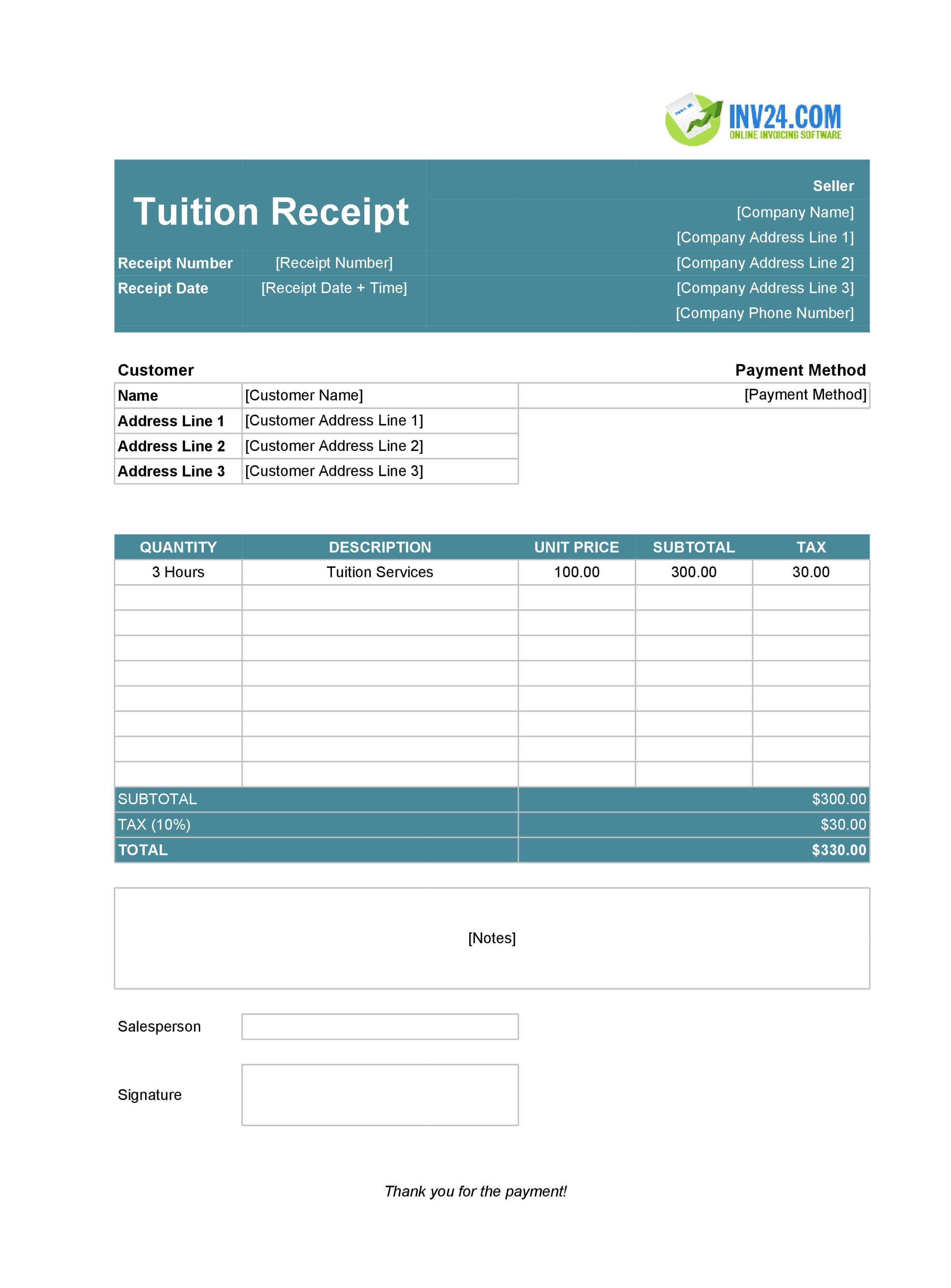 Tuition Receipt Template (Excel / Google Sheets)