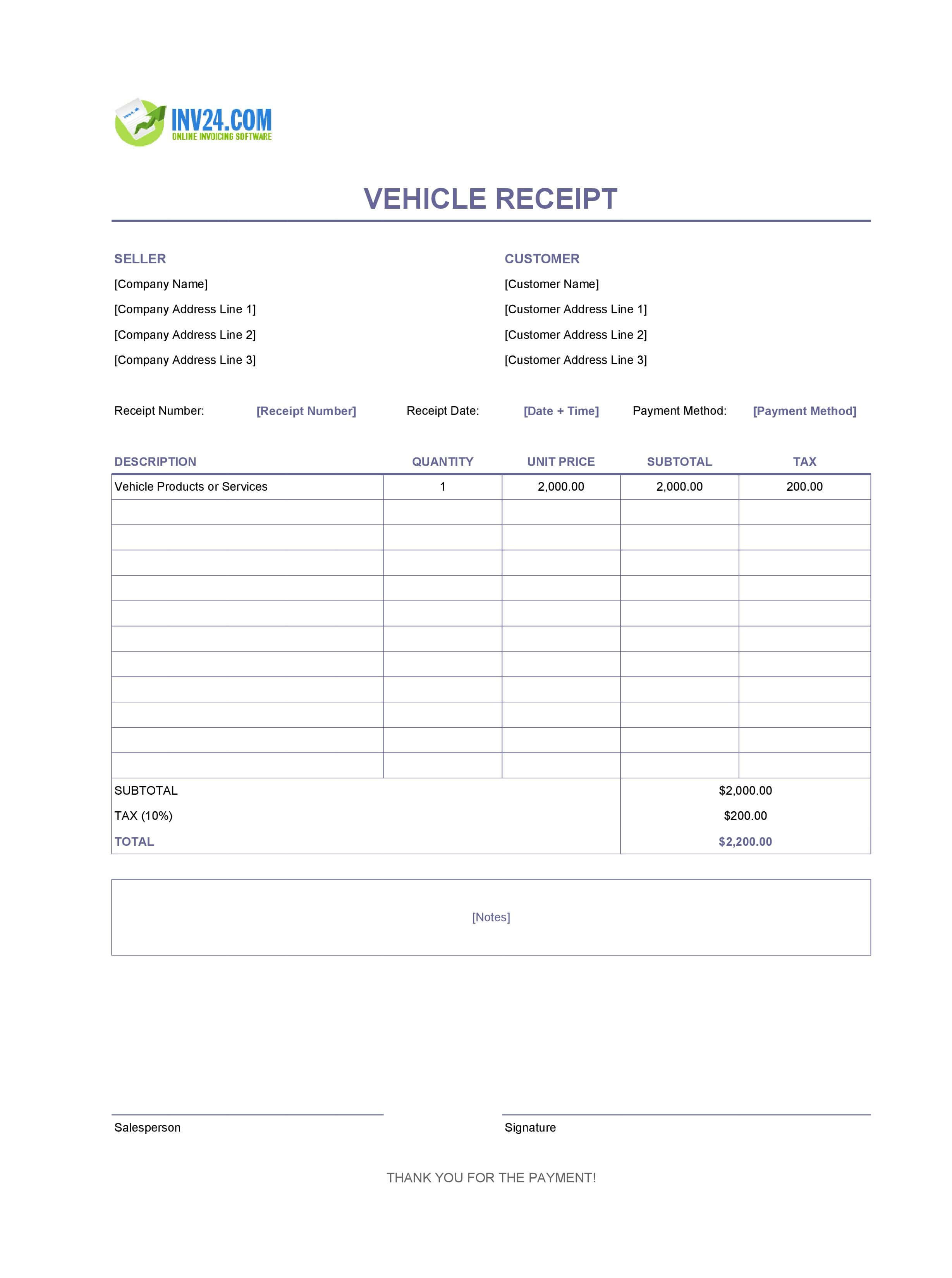 Vehicle Receipt Template (Excel / Google Sheets)