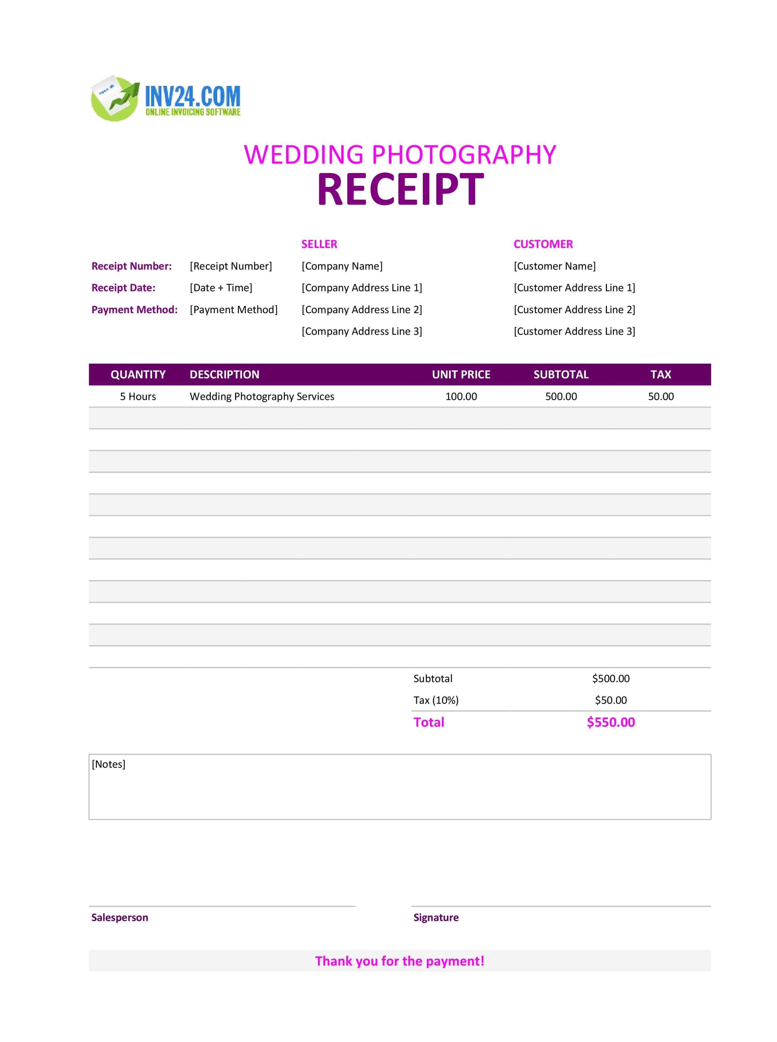 Wedding Photography Receipt Template (Excel / Google Sheets)
