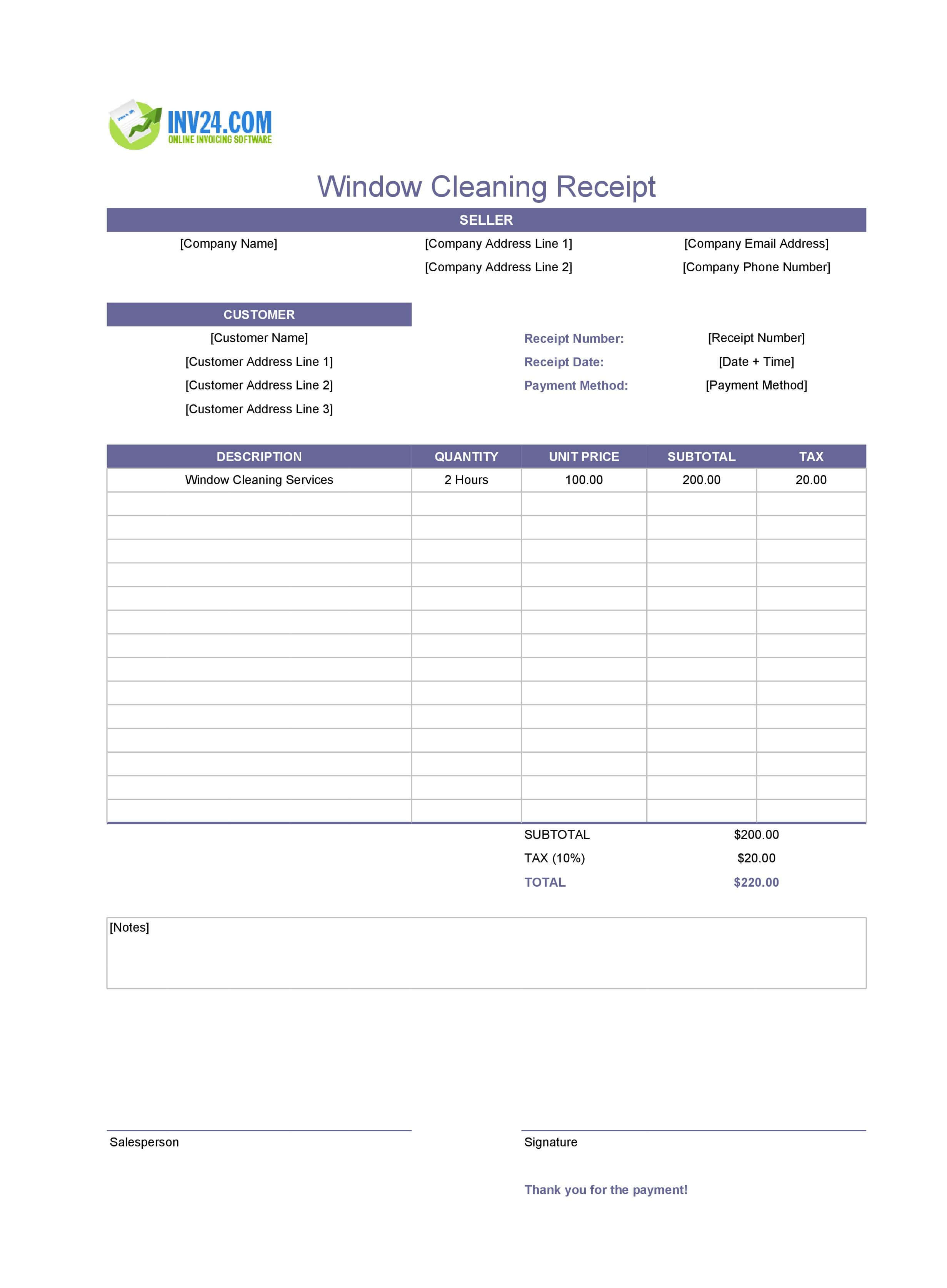 Window Cleaning Receipt Template (Excel / Google Sheets)