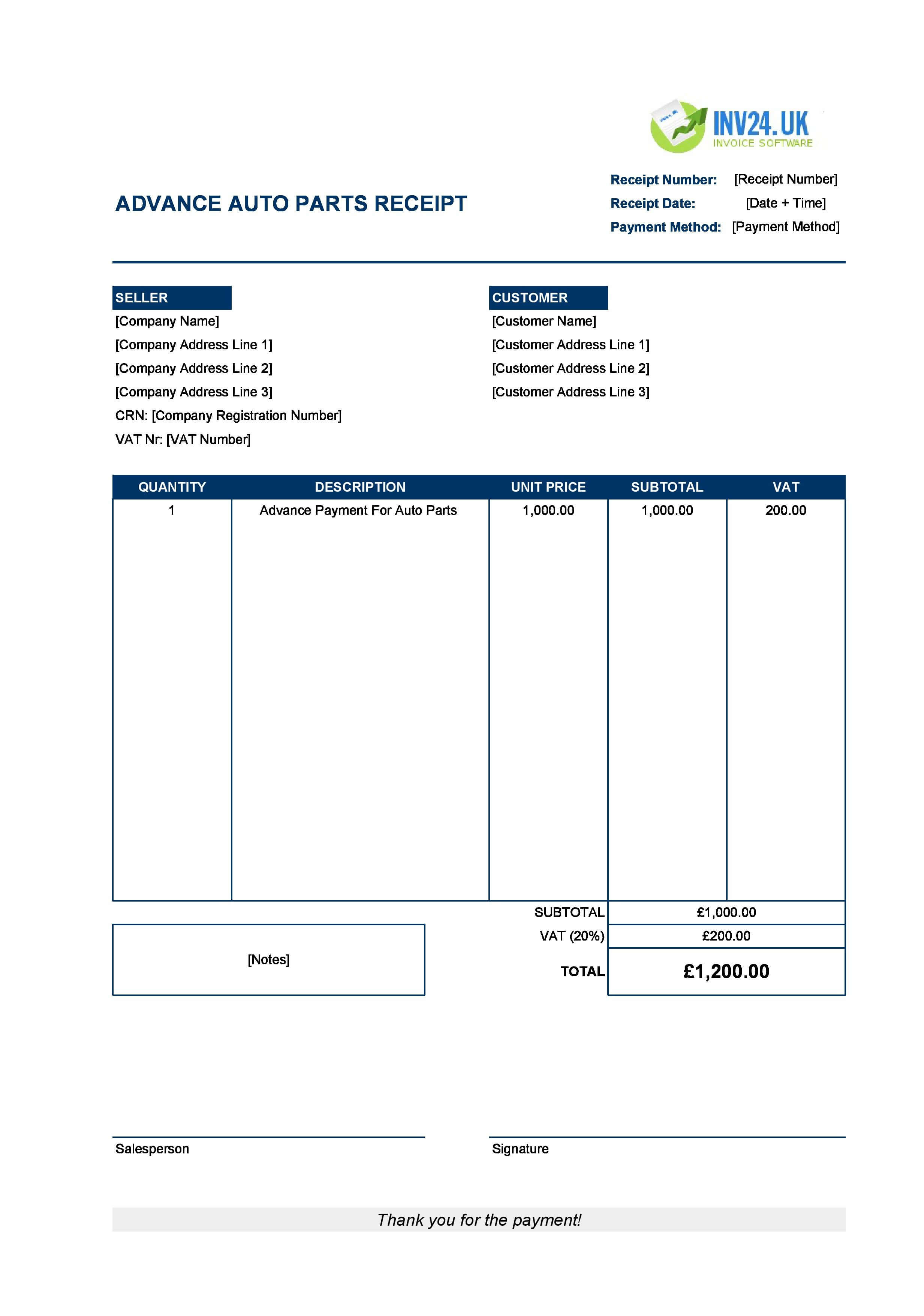 Advance Auto Parts Receipt Template for UK (Excel / Google Sheets)