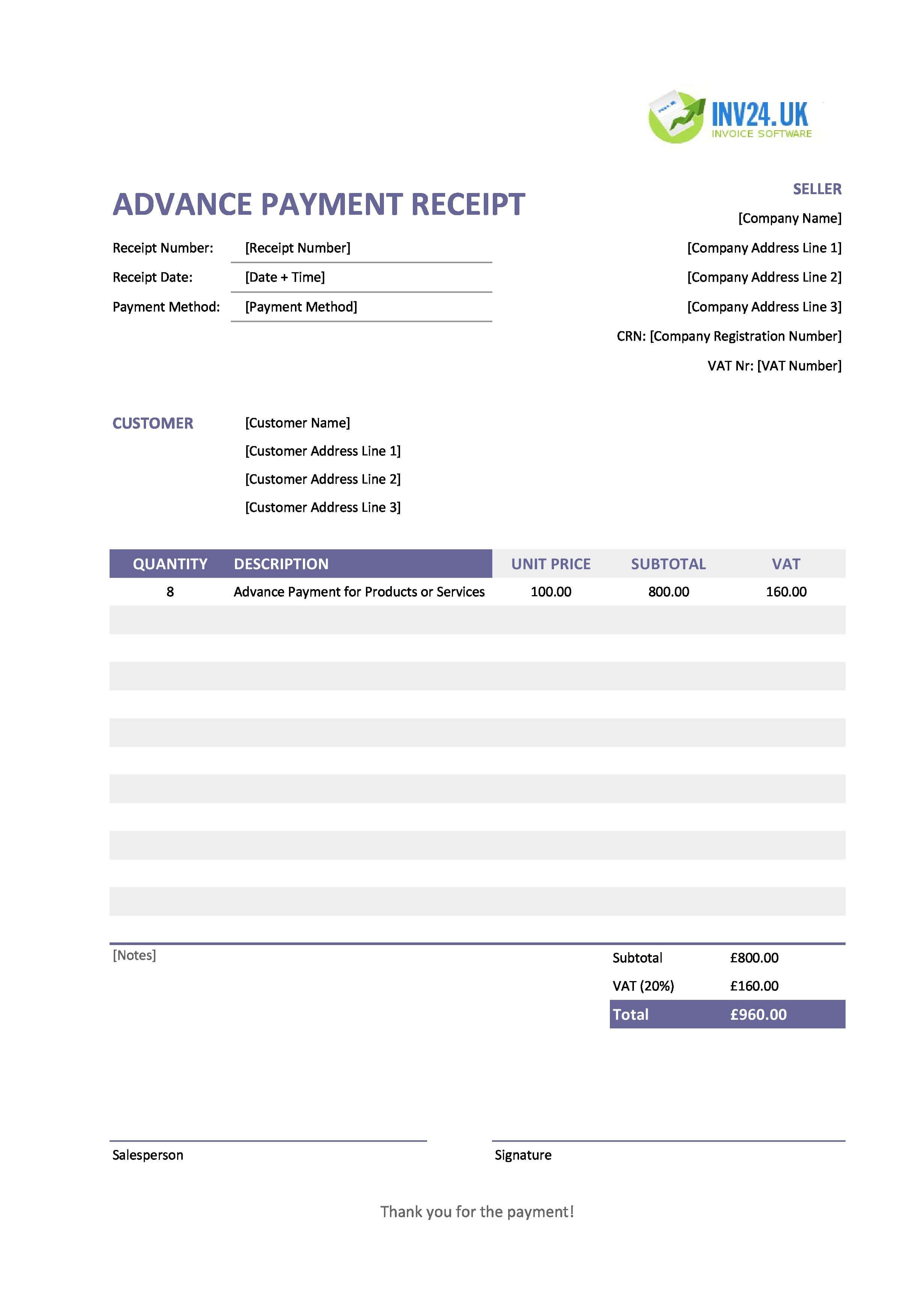 Advance Payment Receipt Template for UK (Excel / Google Sheets)