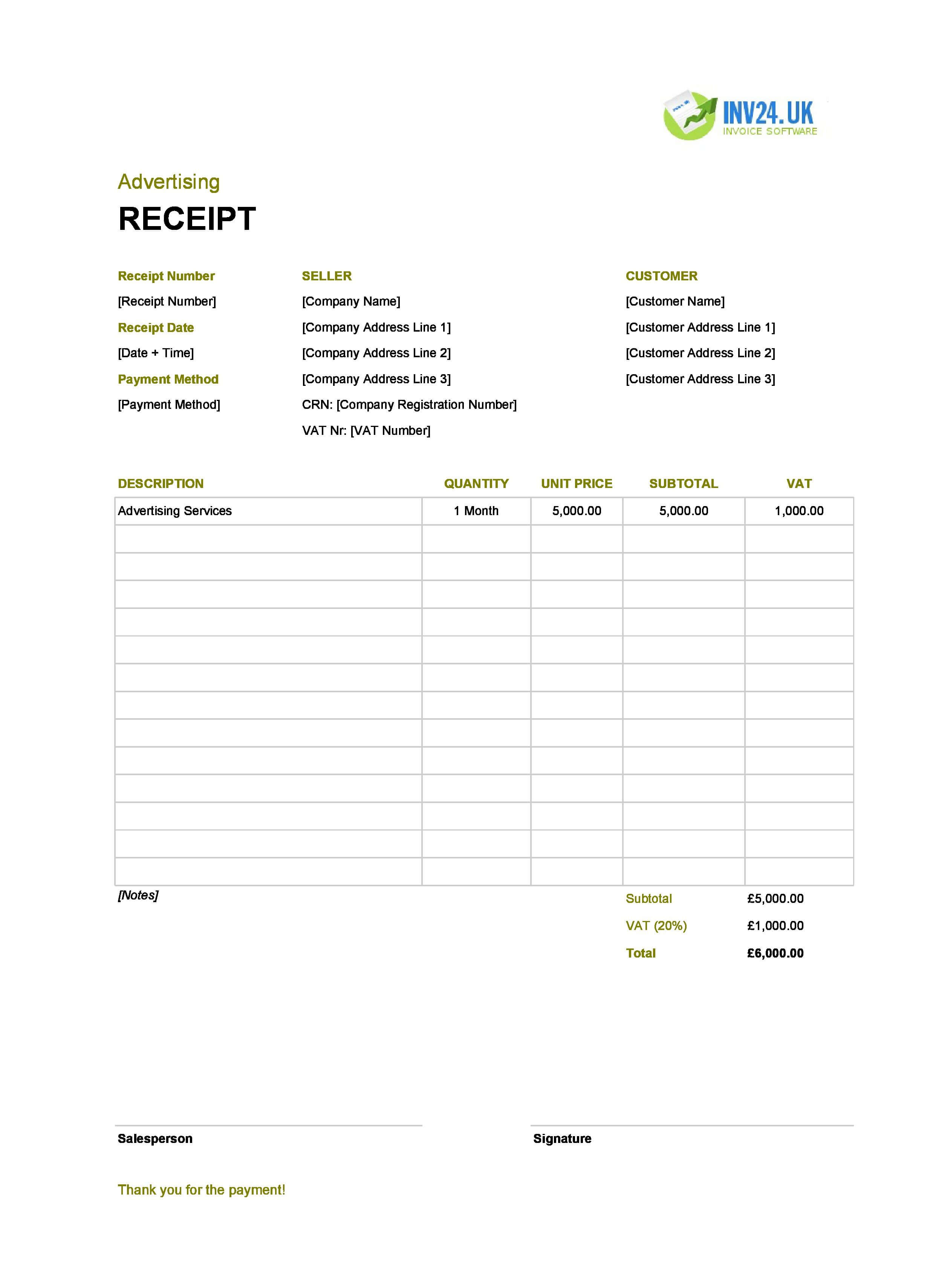 Advertising Receipt Template for UK (Excel / Google Sheets)