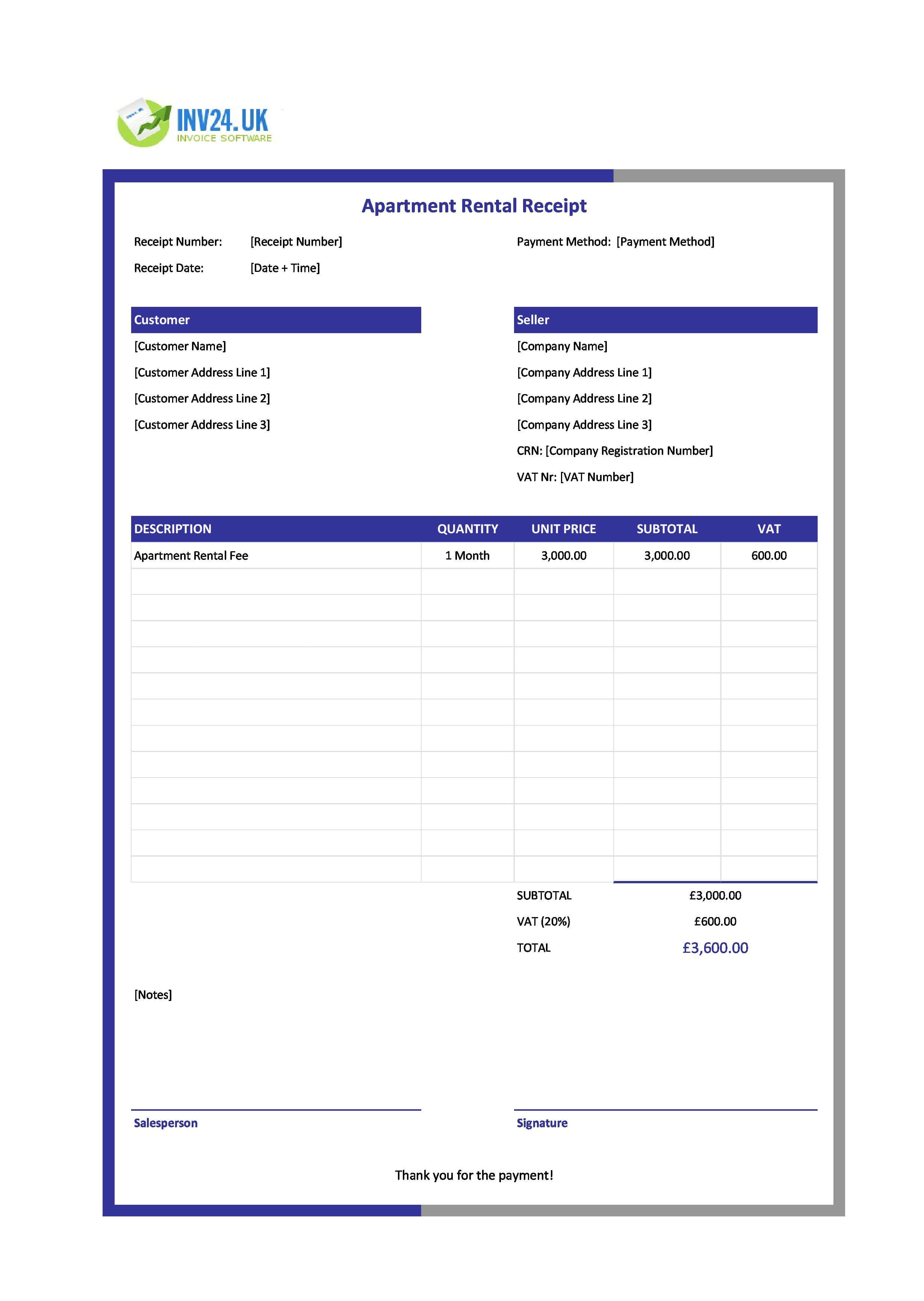Apartment Rental Receipt Template for UK (Excel / Google Sheets)