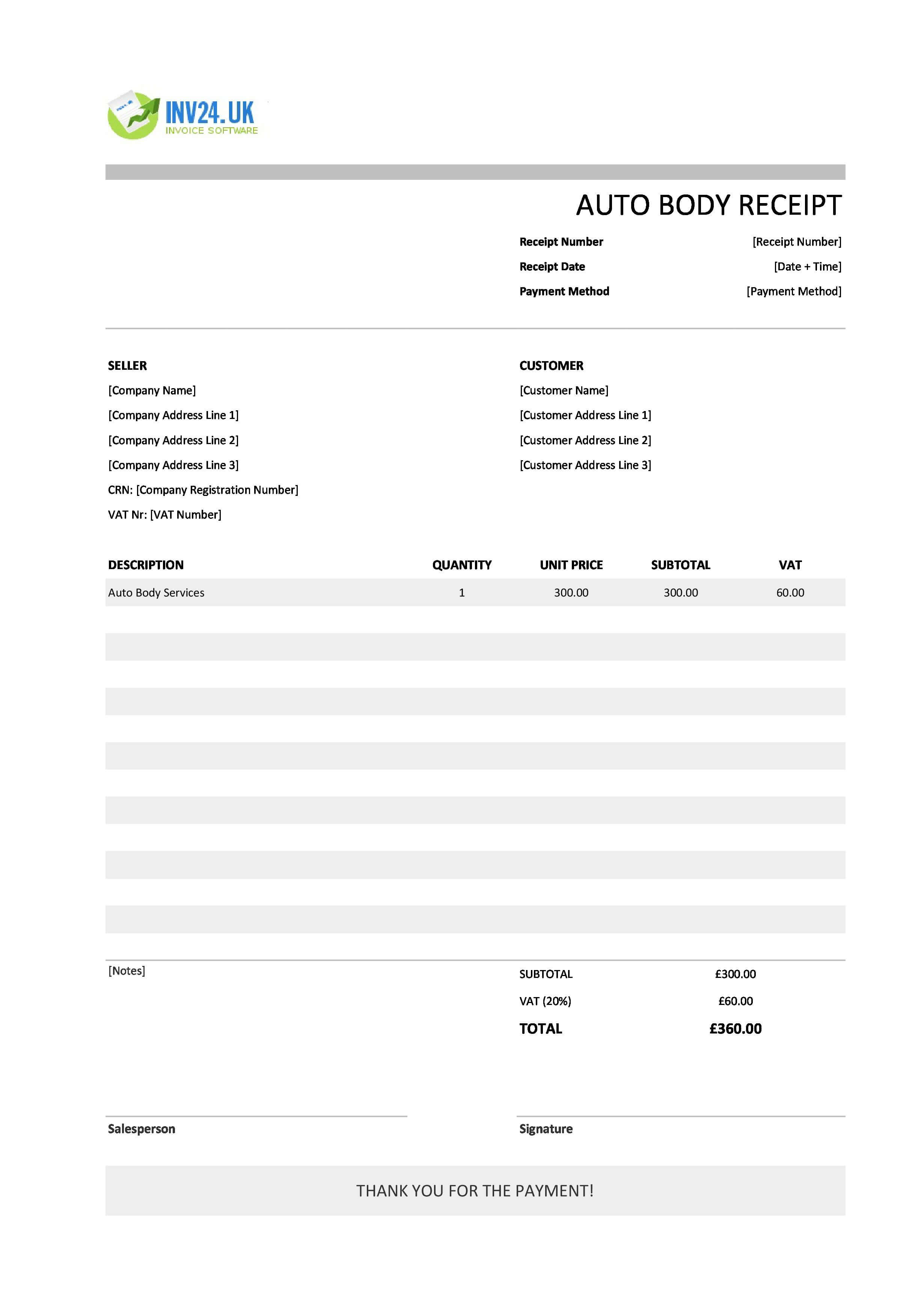 Auto Body Receipt Template for UK (Excel / Google Sheets)