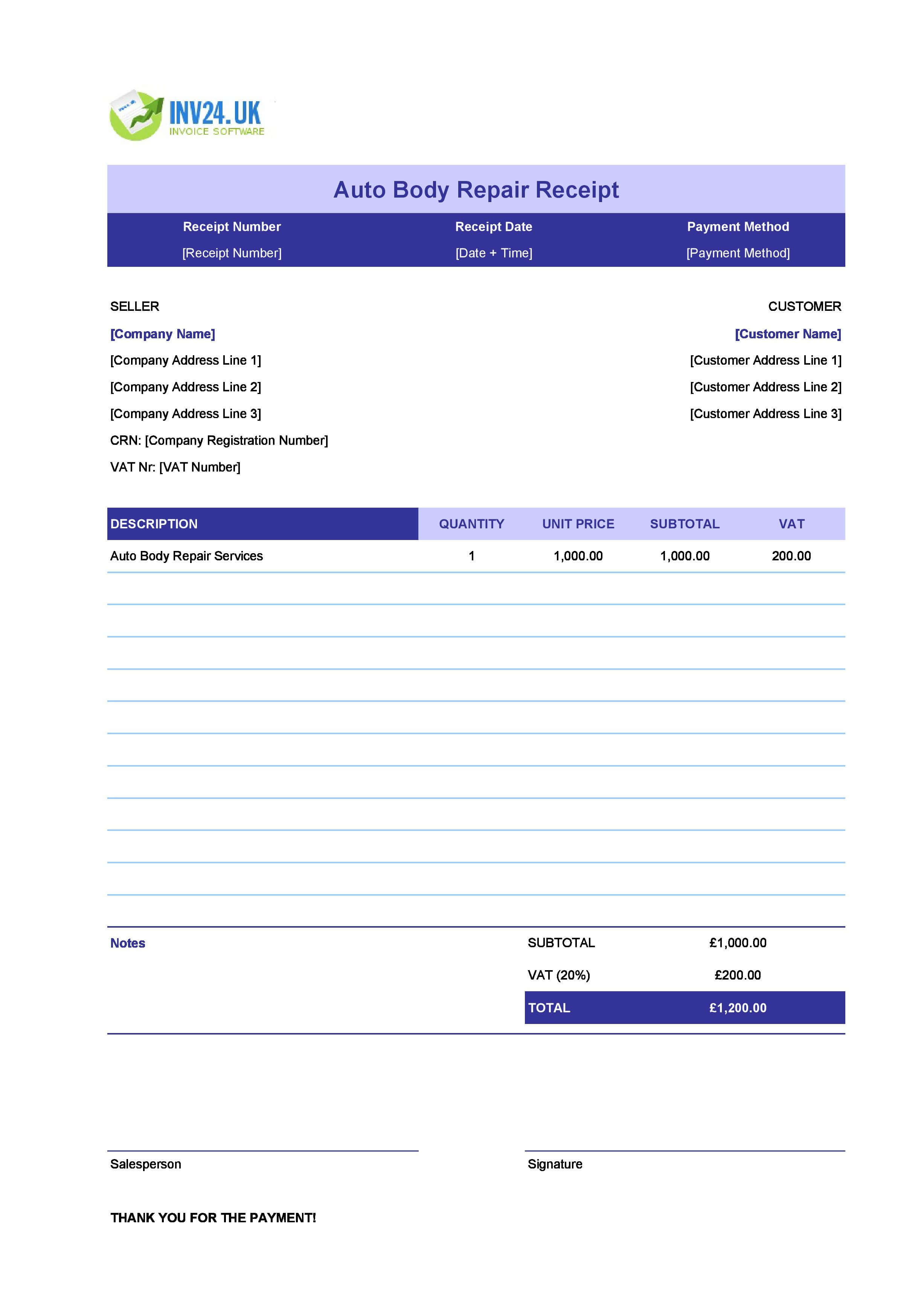 Auto Body Repair Receipt Template for UK (Excel / Google Sheets)