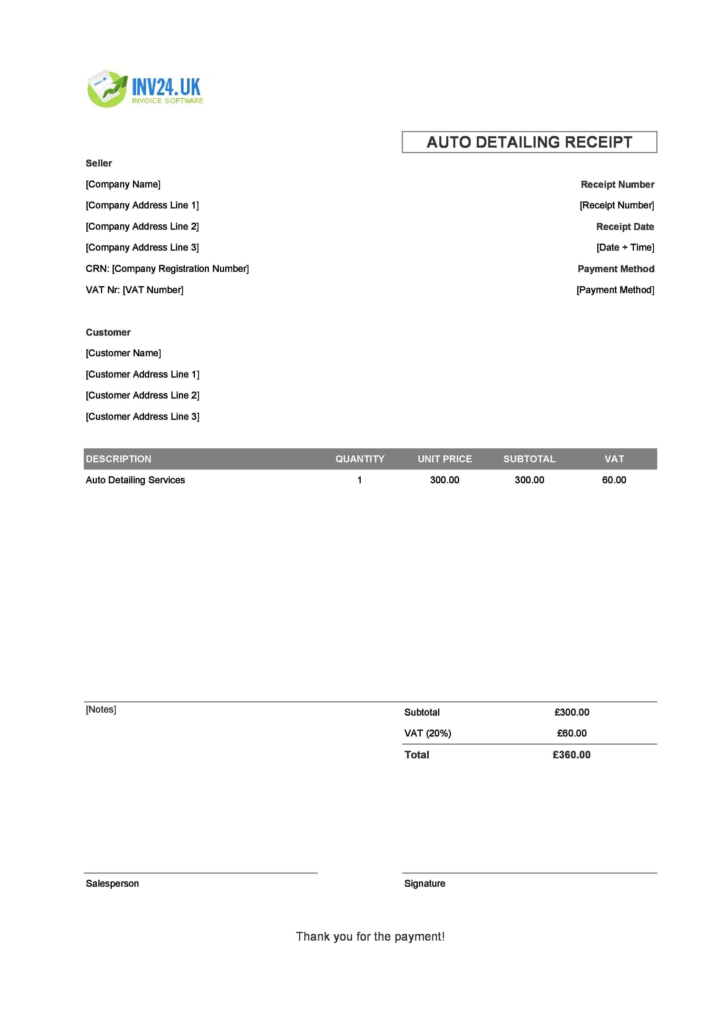 Auto Detailing Receipt Template for UK (Excel / Google Sheets)