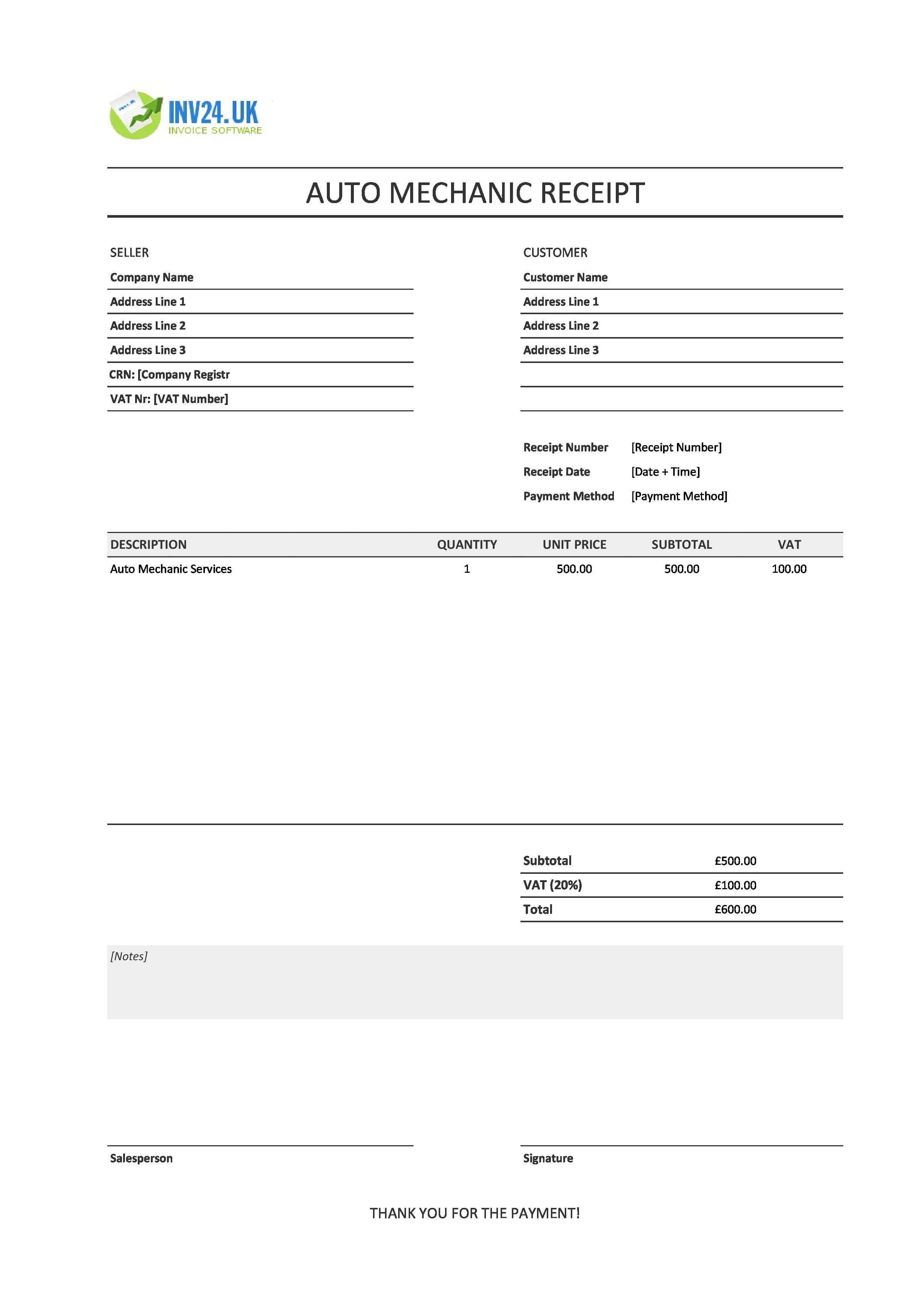 Auto Mechanic Receipt Template for UK (Excel / Google Sheets)