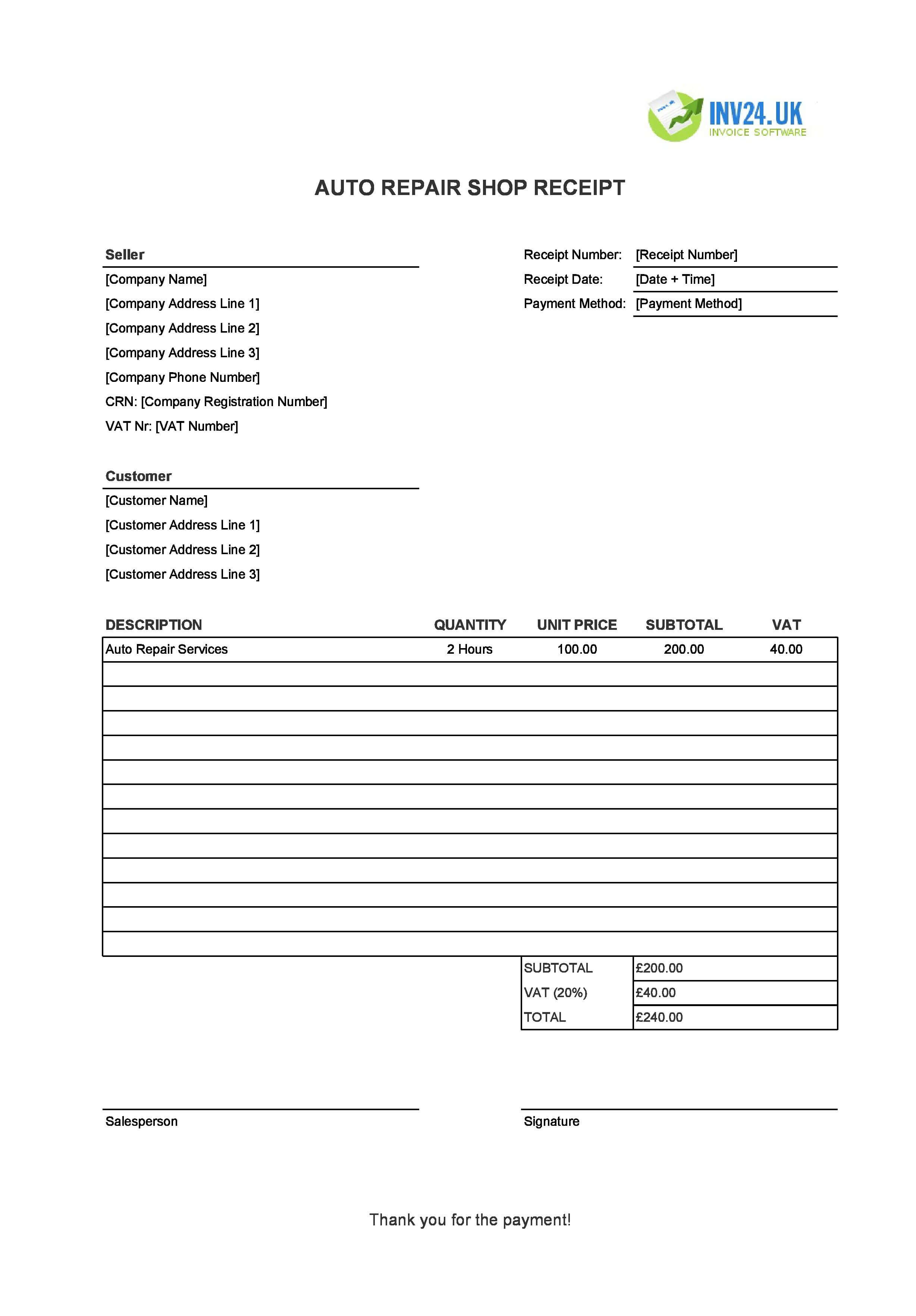 Auto Repair Shop Receipt Template for UK (Excel / Google Sheets)