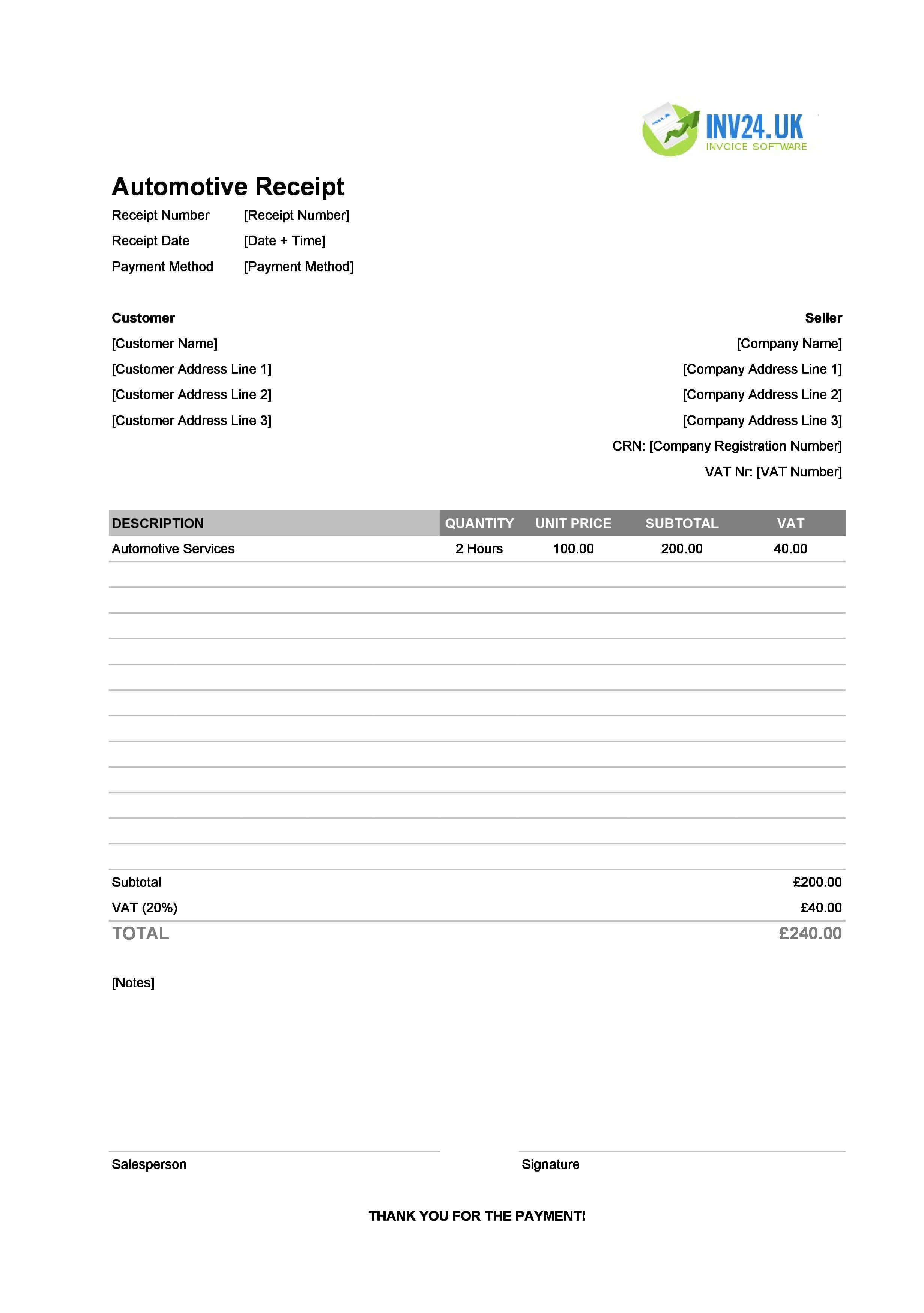 Automotive Receipt Template for UK (Excel / Google Sheets)