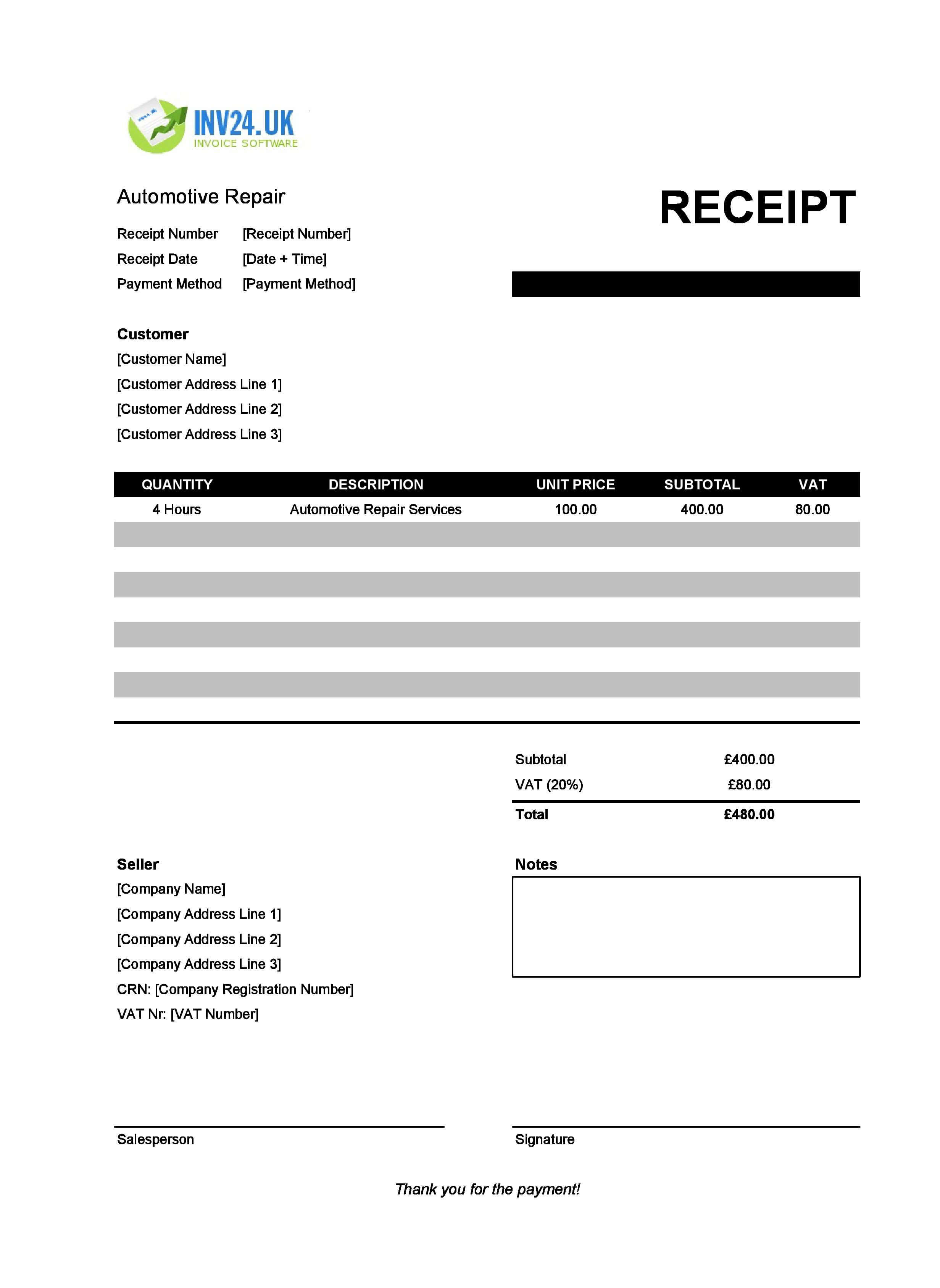 Automotive Repair Receipt Template for UK (Excel / Google Sheets)