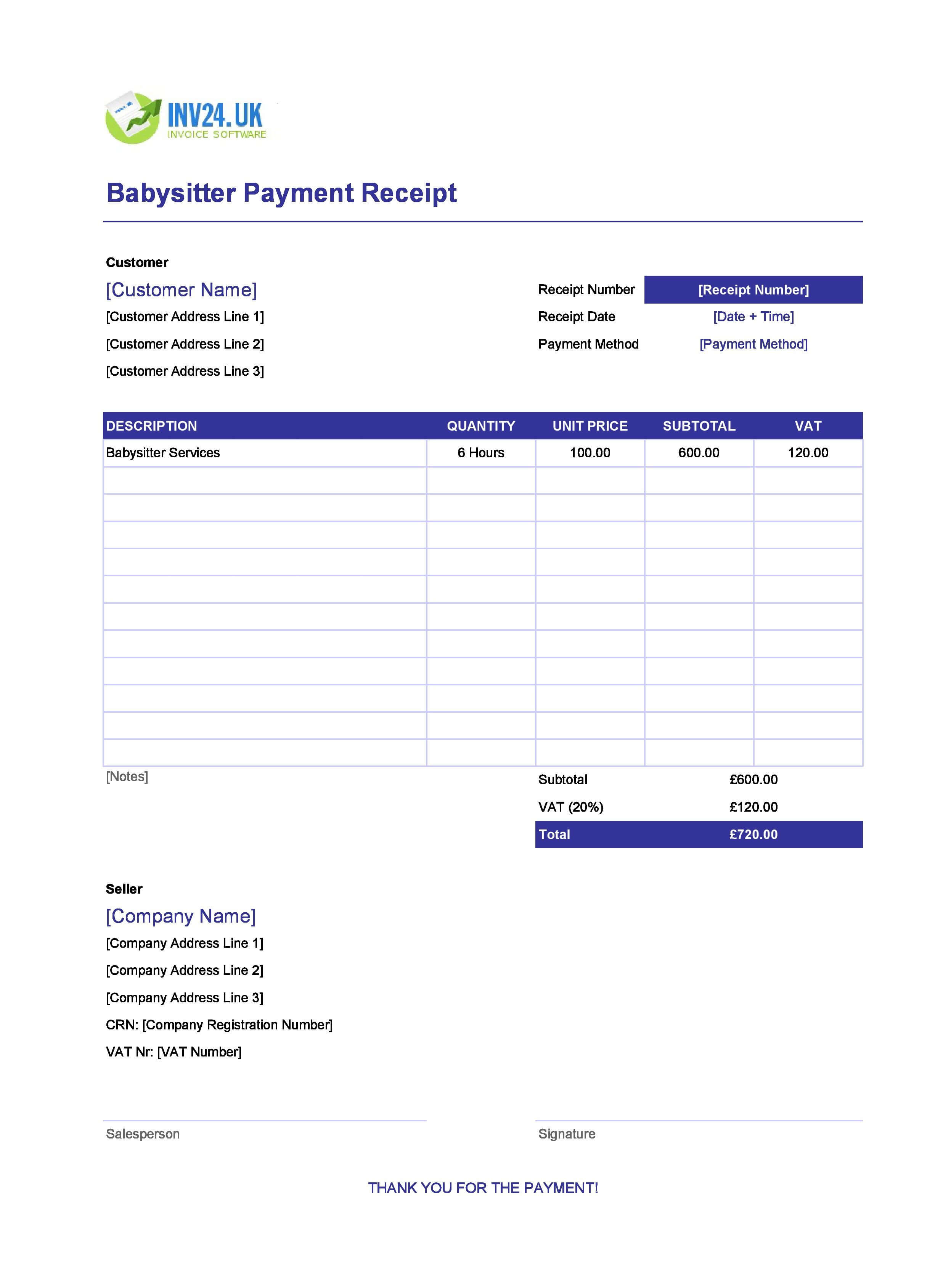 Babysitter Payment Receipt Template for UK (Excel / Google Sheets)