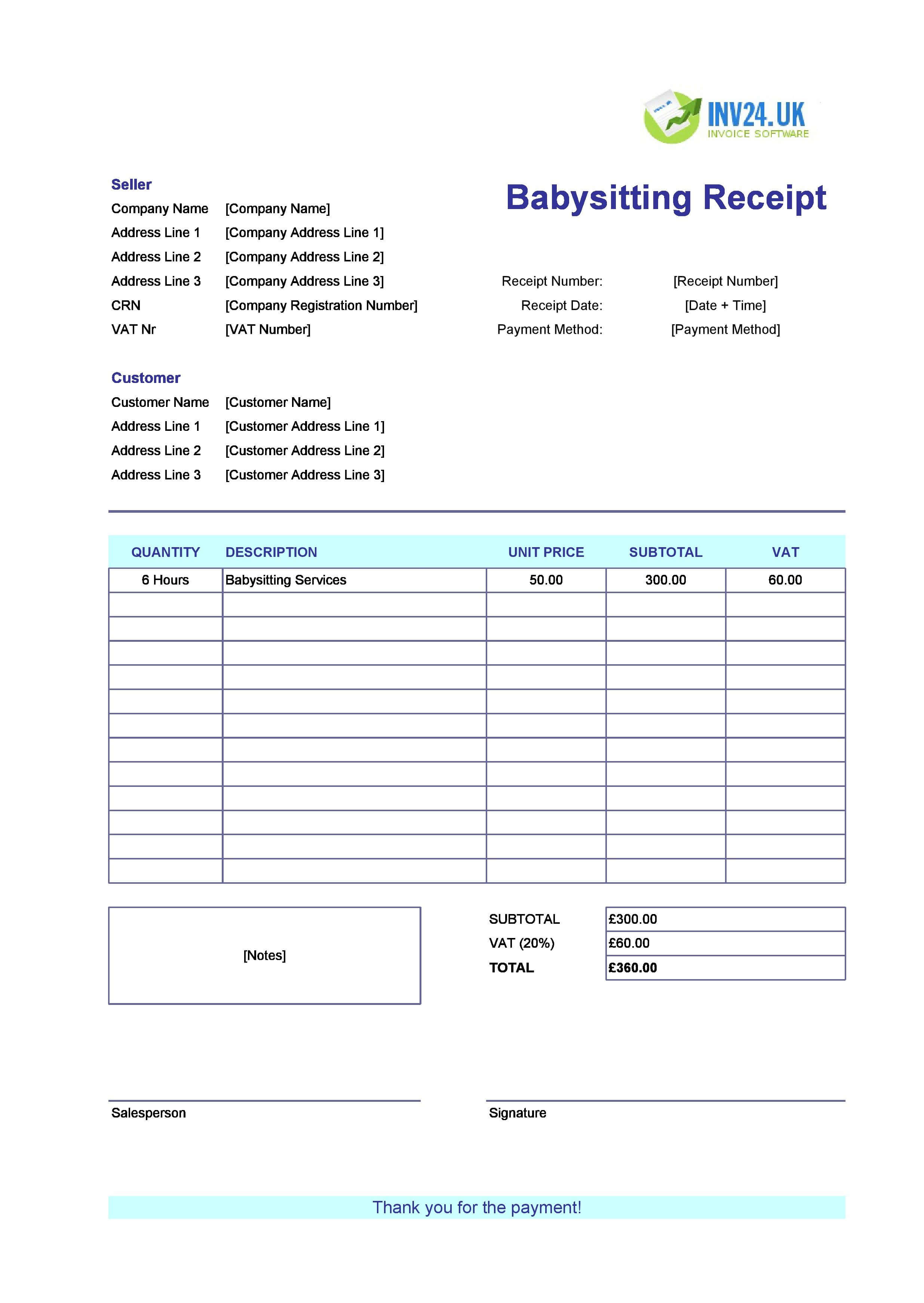 Babysitting Receipt Template for UK (Excel / Google Sheets)