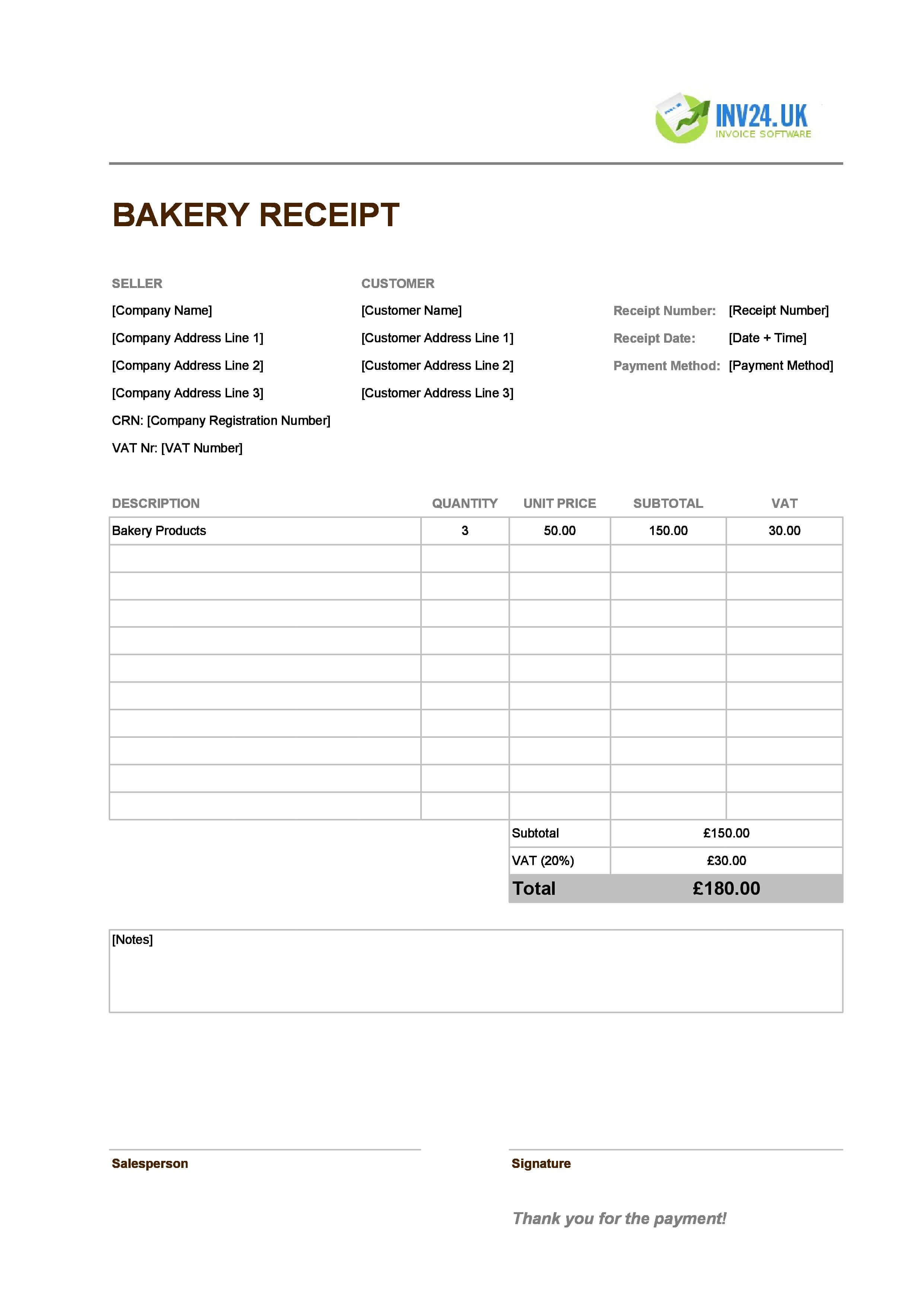 Bakery Receipt Template for UK (Excel / Google Sheets)