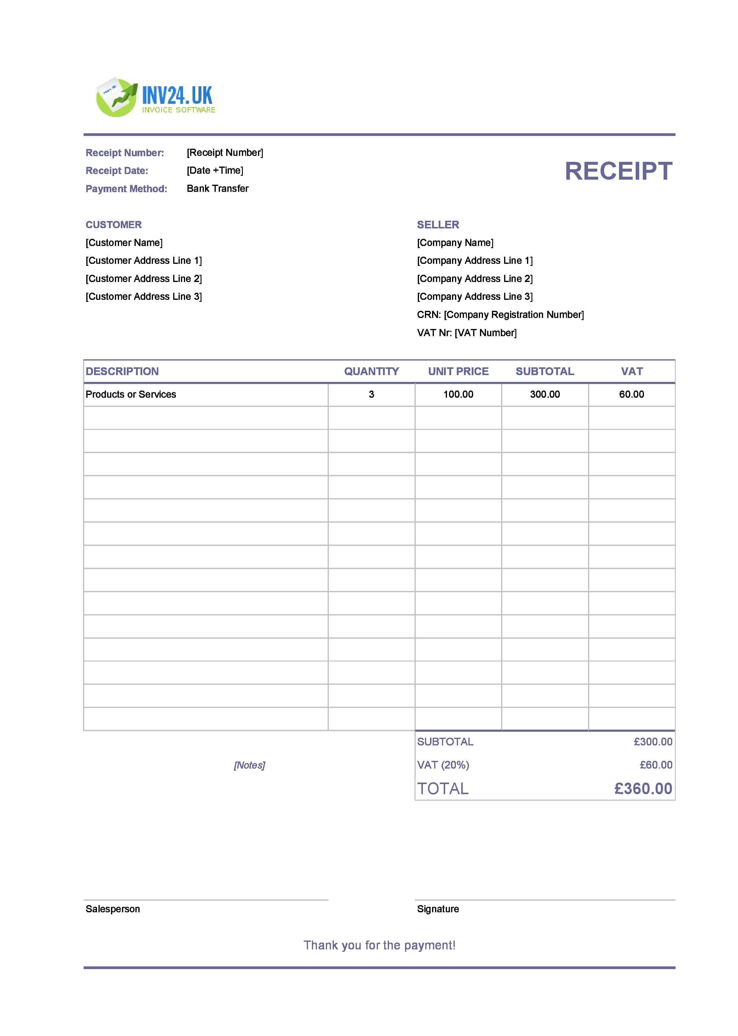 Bank Transfer Receipt Template for UK (Excel / Google Sheets)
