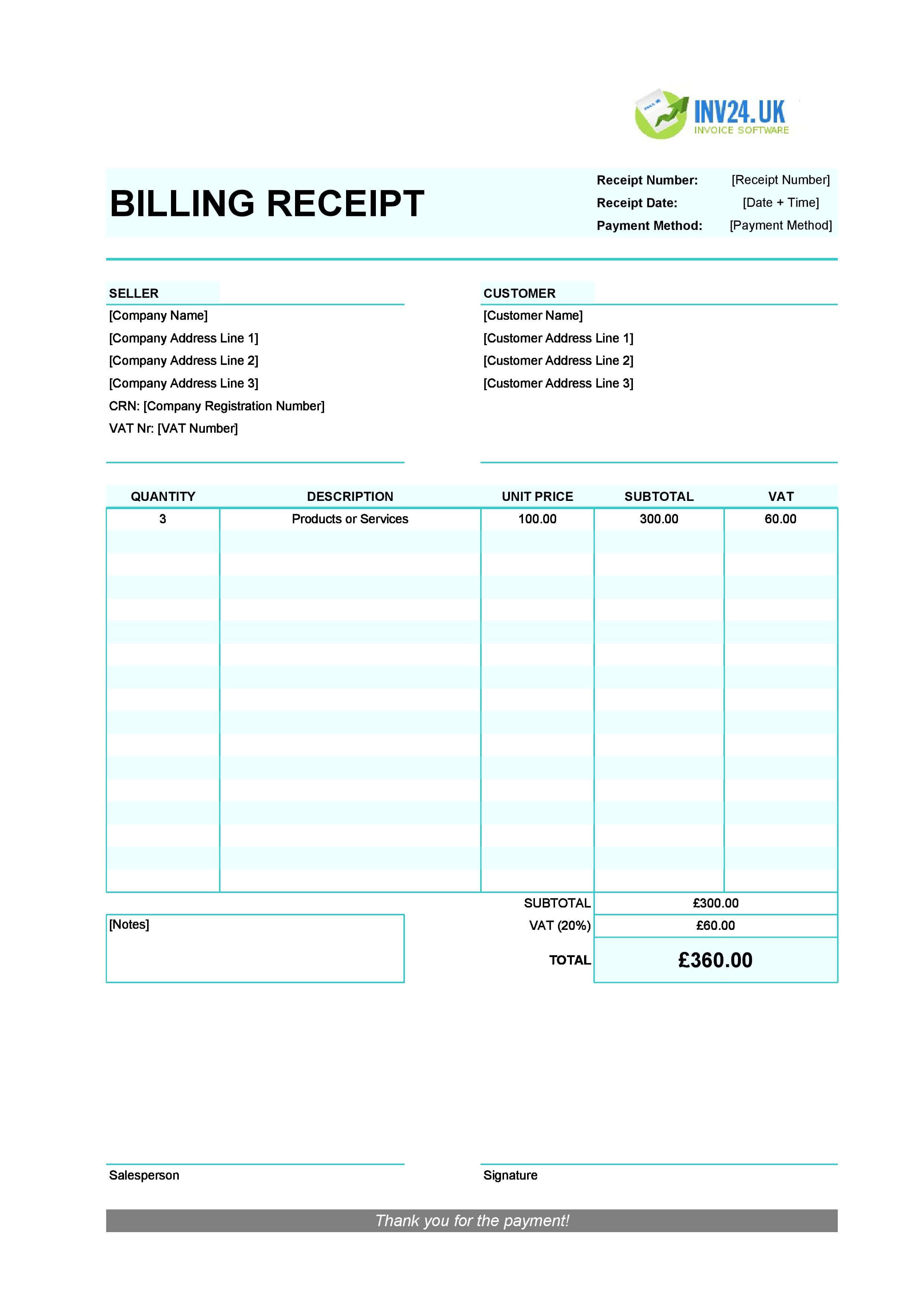 Billing Receipt Template for UK (Excel / Google Sheets)
