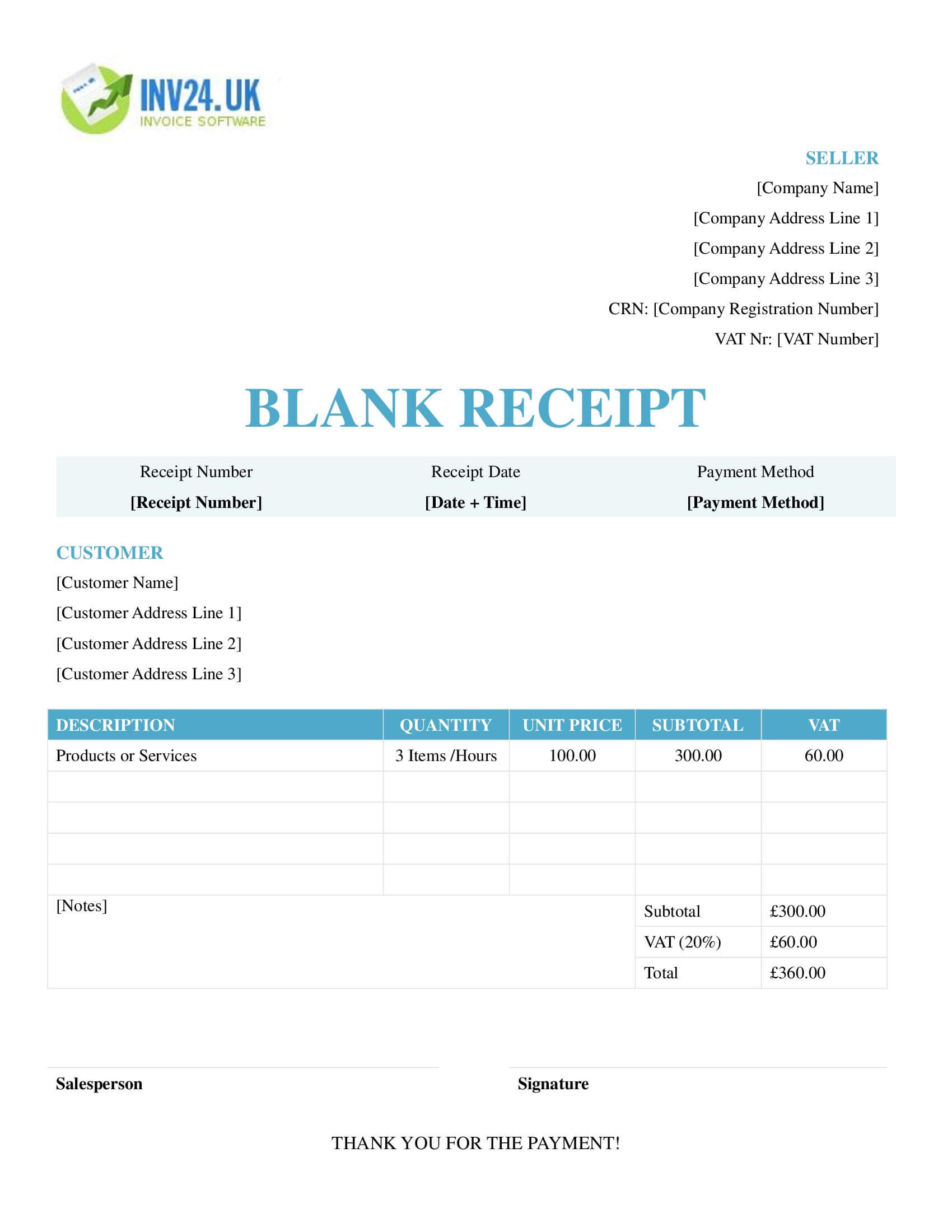 Blank Receipt Template for UK (Word / Google Docs)