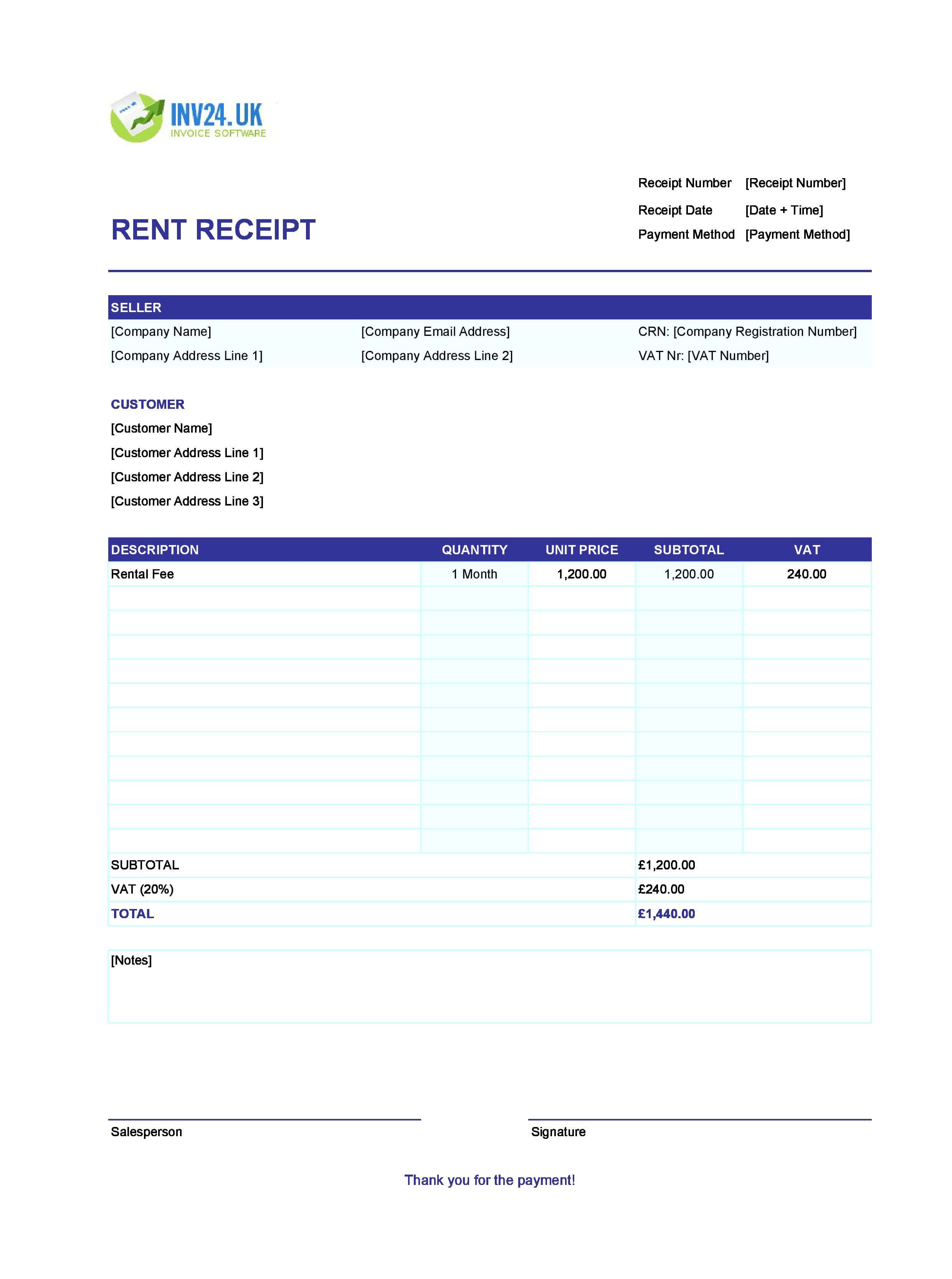 Blank Rent Receipt Template for UK (Excel / Google Sheets)