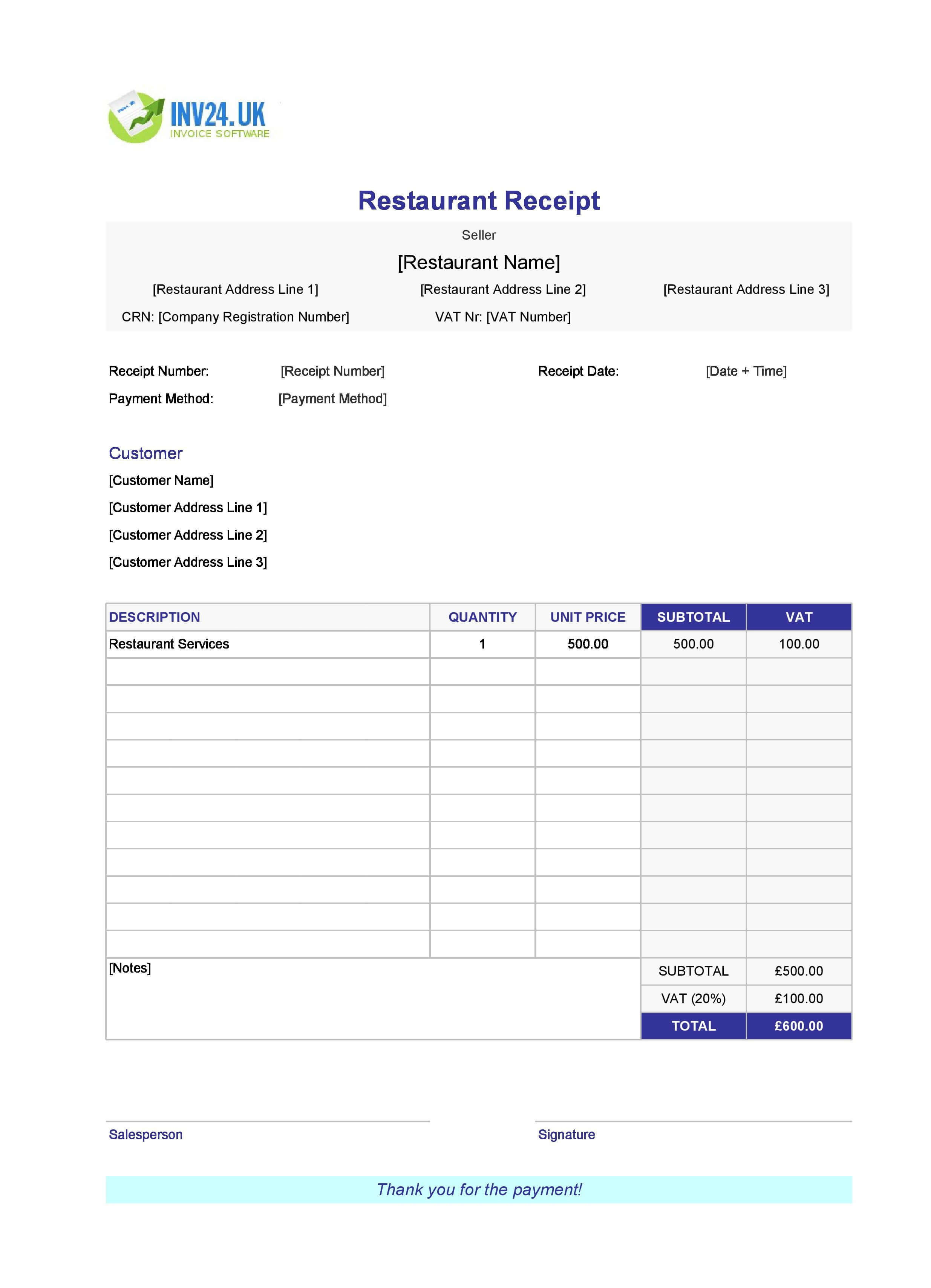 Blank Restaurant Receipt Template for UK (Excel / Google Sheets)