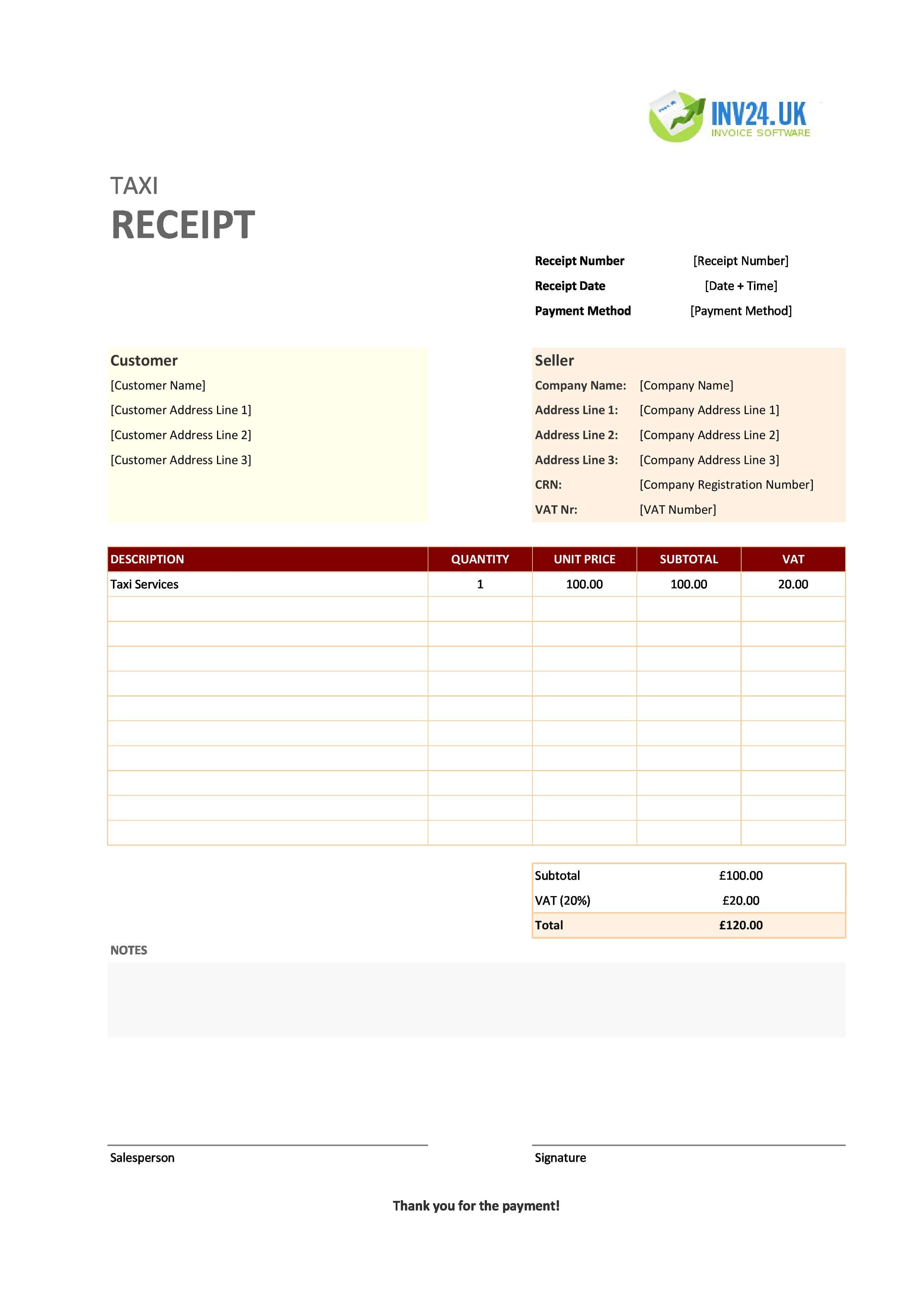 Blank Taxi Receipt Template for UK (Excel / Google Sheets)
