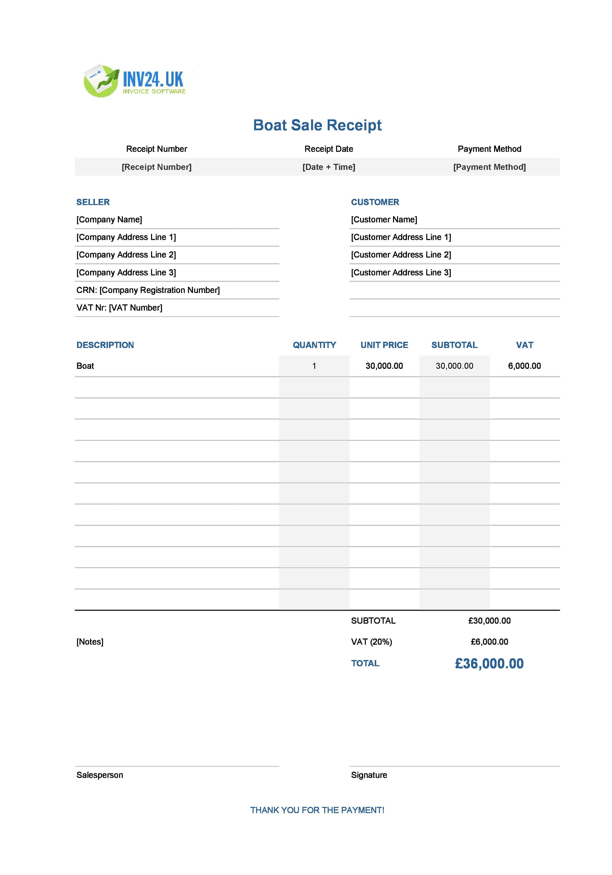 Boat Sale Receipt Template for UK (Excel / Google Sheets)