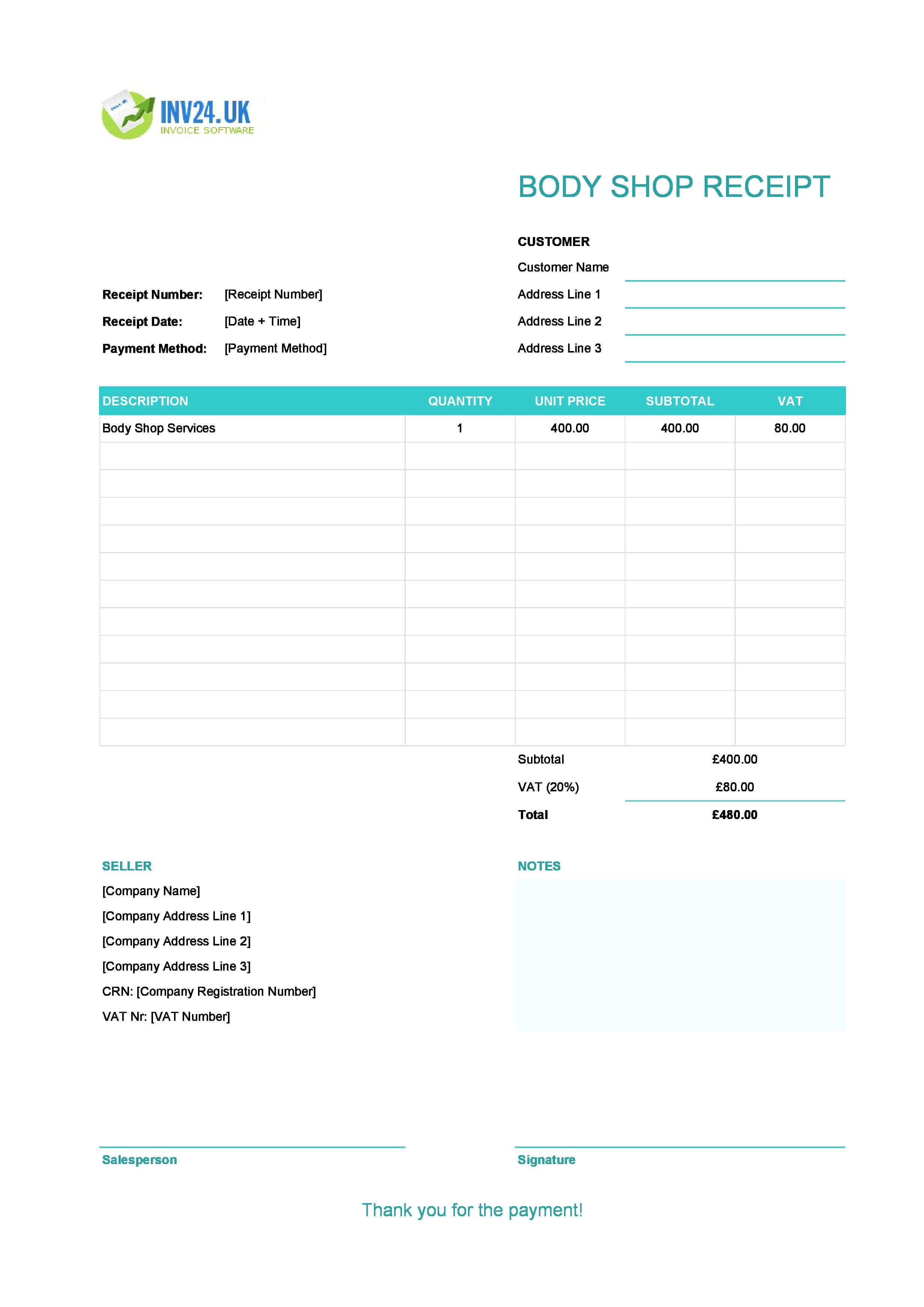 Body Shop Receipt Template for UK (Excel / Google Sheets)
