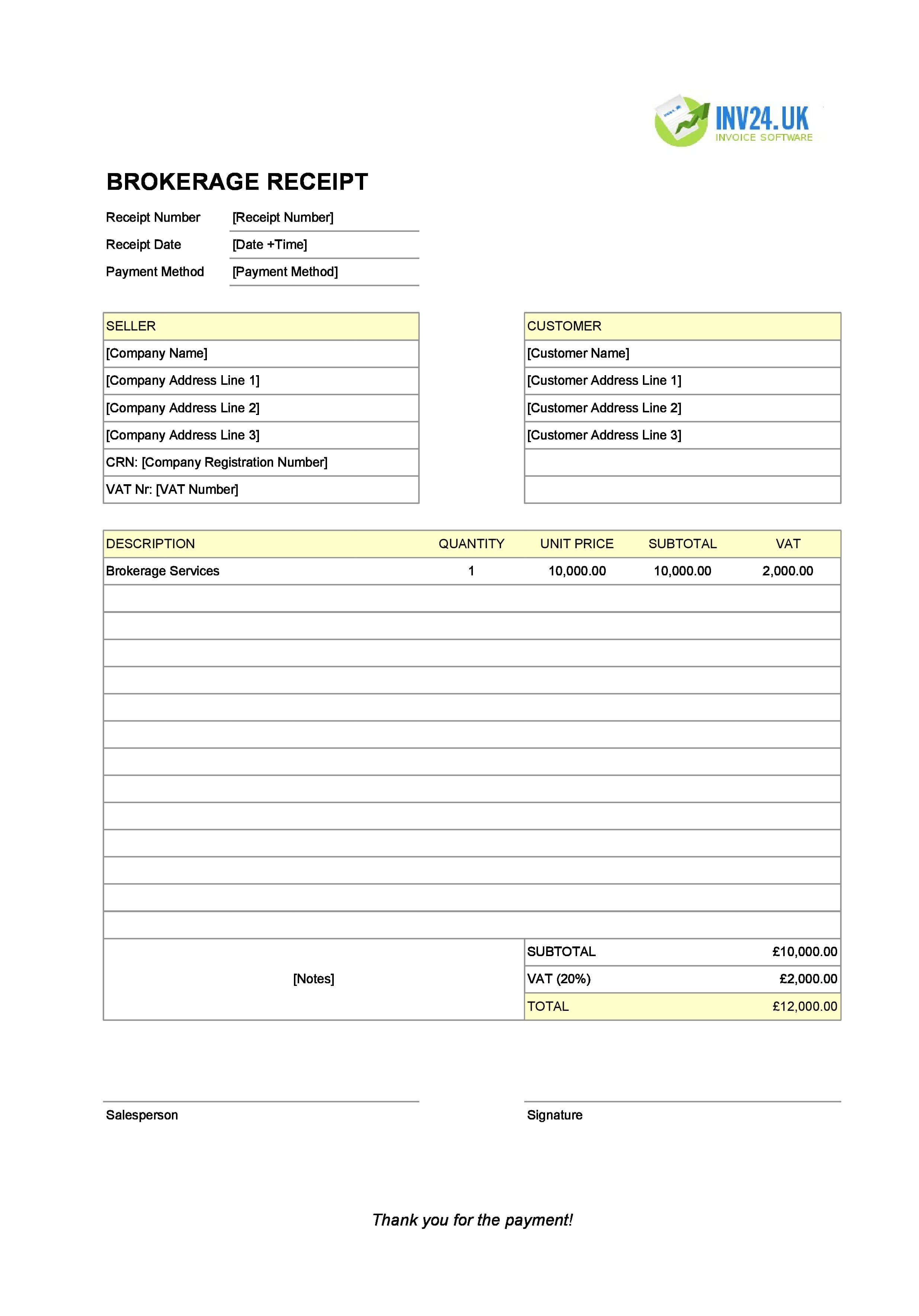Brokerage Receipt Template for UK (Excel / Google Sheets)