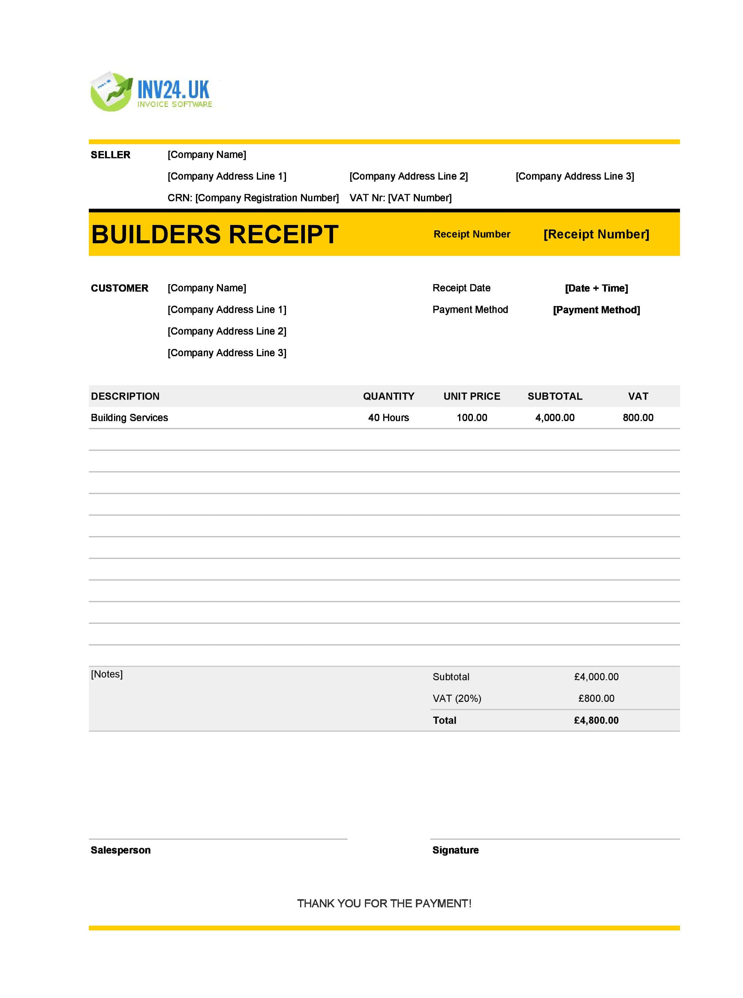 Builders Receipt Template for UK (Excel / Google Sheets)