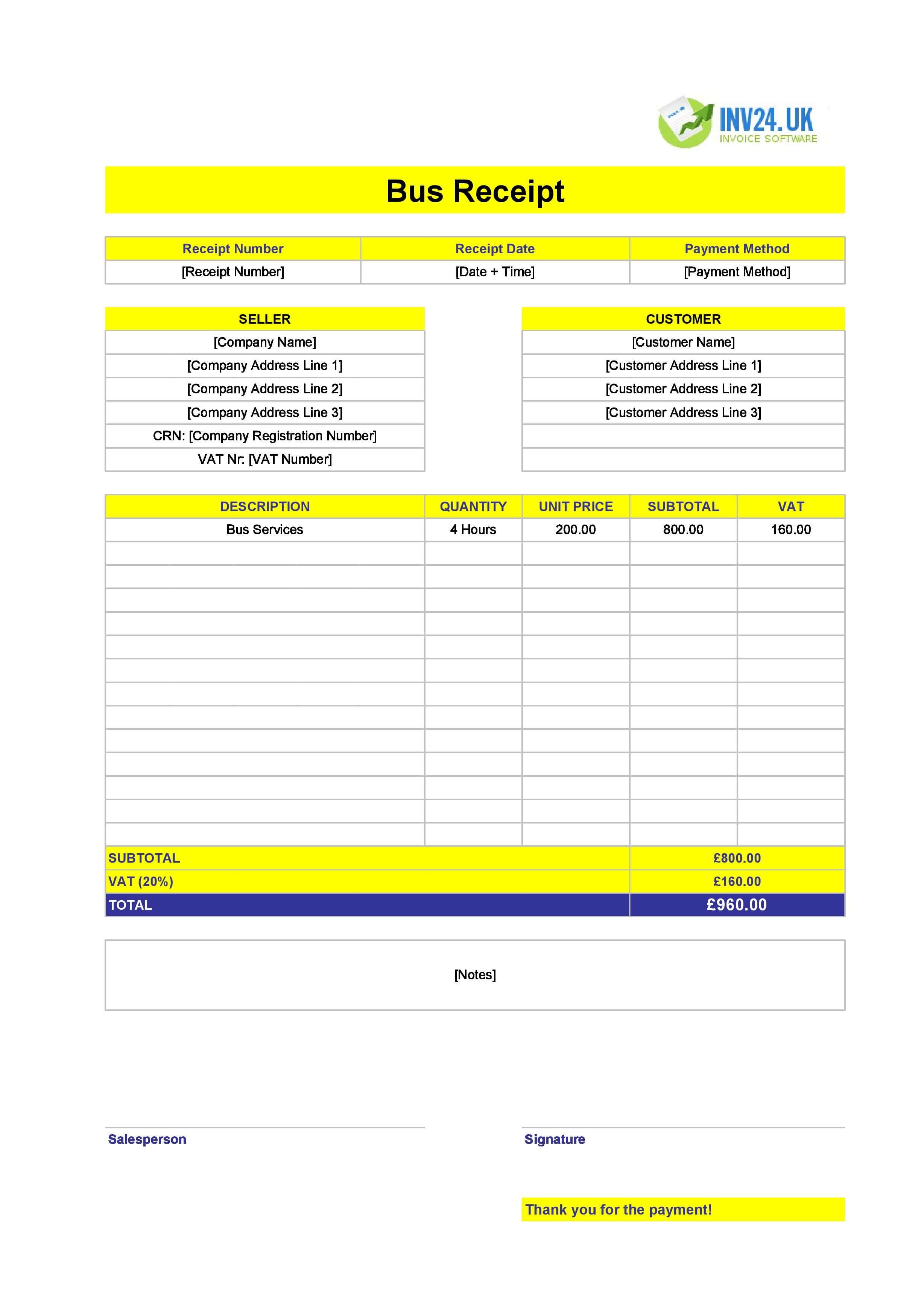 Bus Receipt Template for UK (Excel / Google Sheets)
