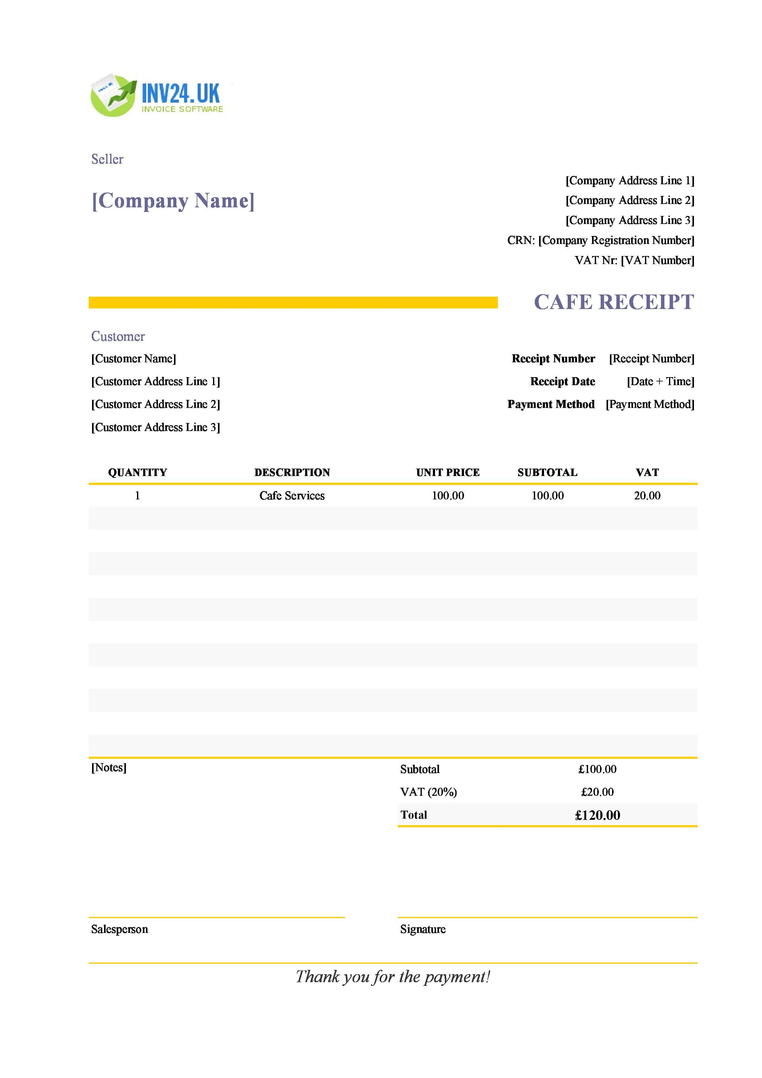 Cafe Receipt Template for UK (Excel / Google Sheets)