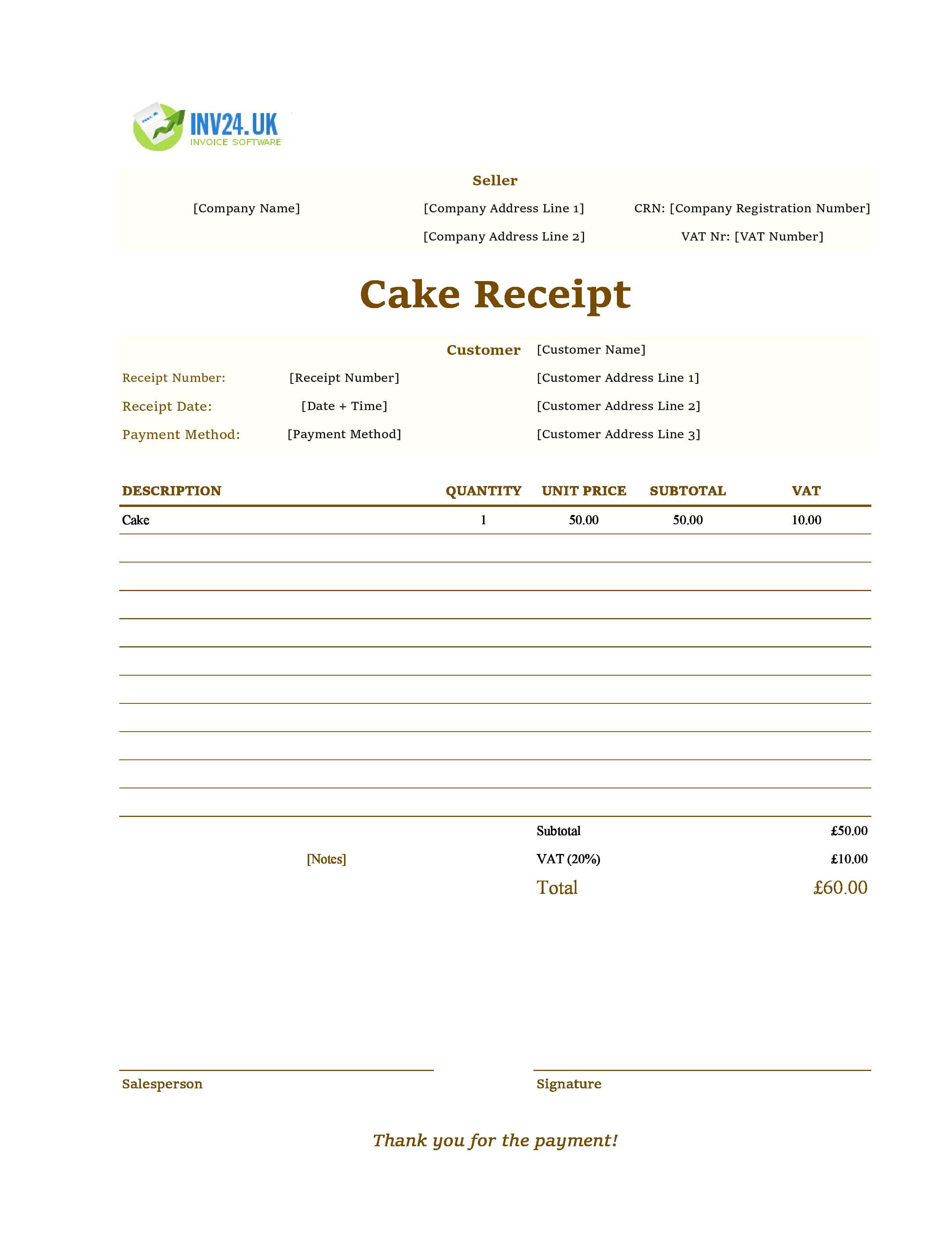 Cake Receipt Template for UK (Excel / Google Sheets)