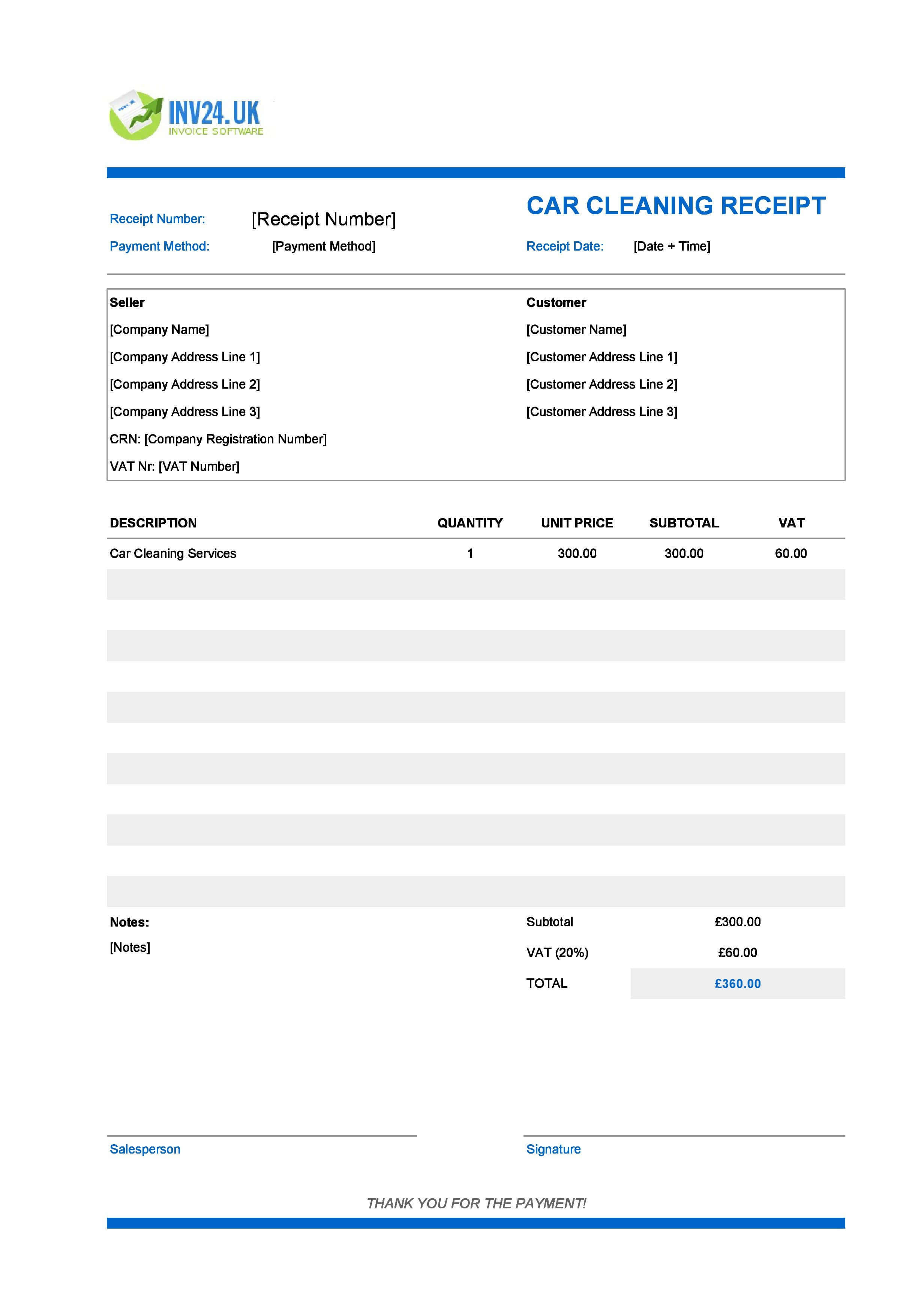 Car Cleaning Receipt Template for UK (Excel / Google Sheets)