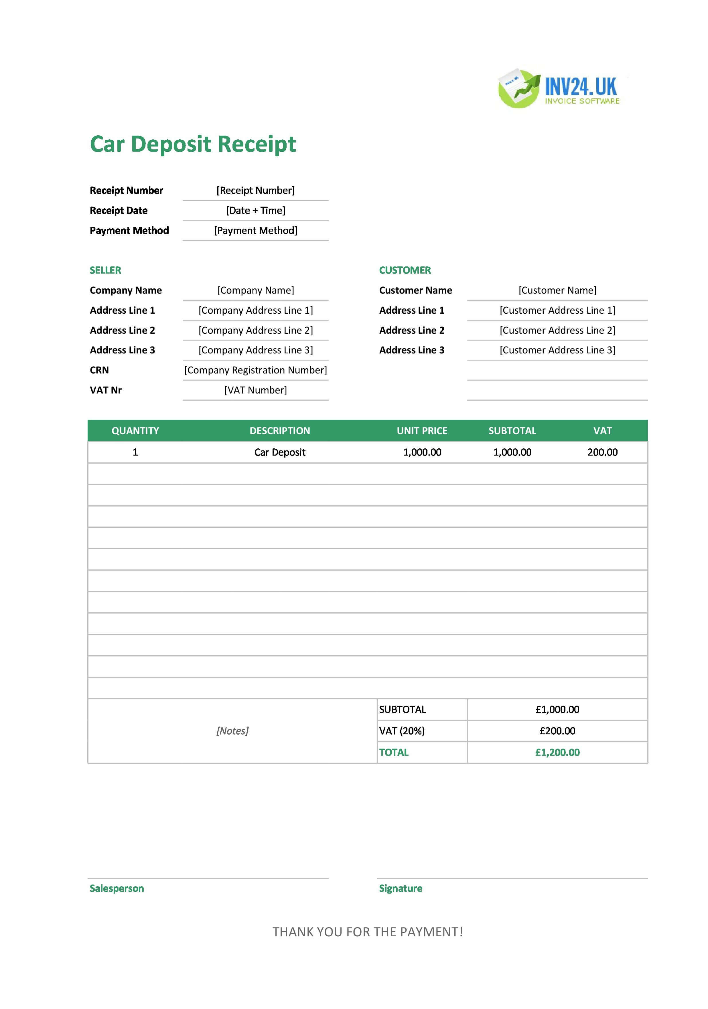 Car Deposit Receipt Template for UK (Excel / Google Sheets)