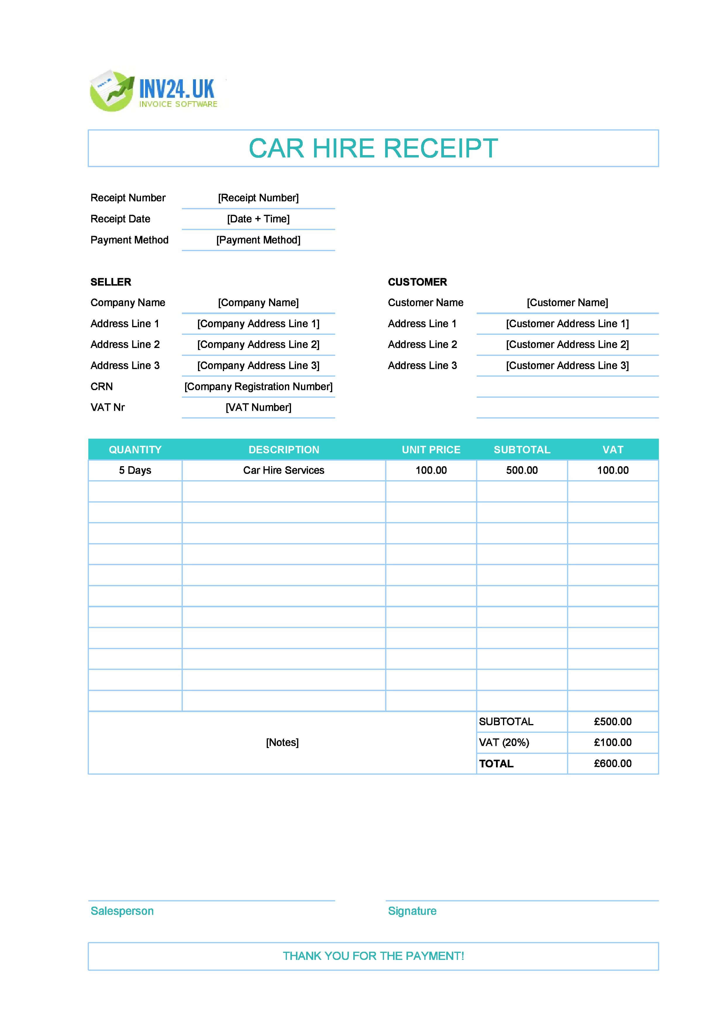 Car Hire Receipt Template for UK (Excel / Google Sheets)