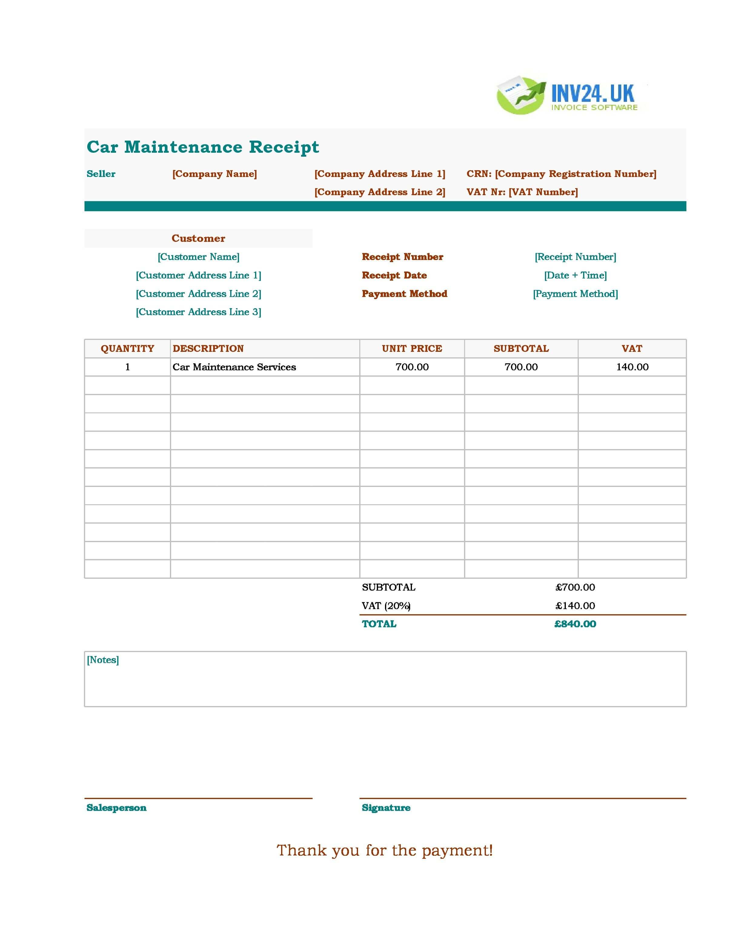 Car Maintenance Receipt Template for UK (Excel / Google Sheets)