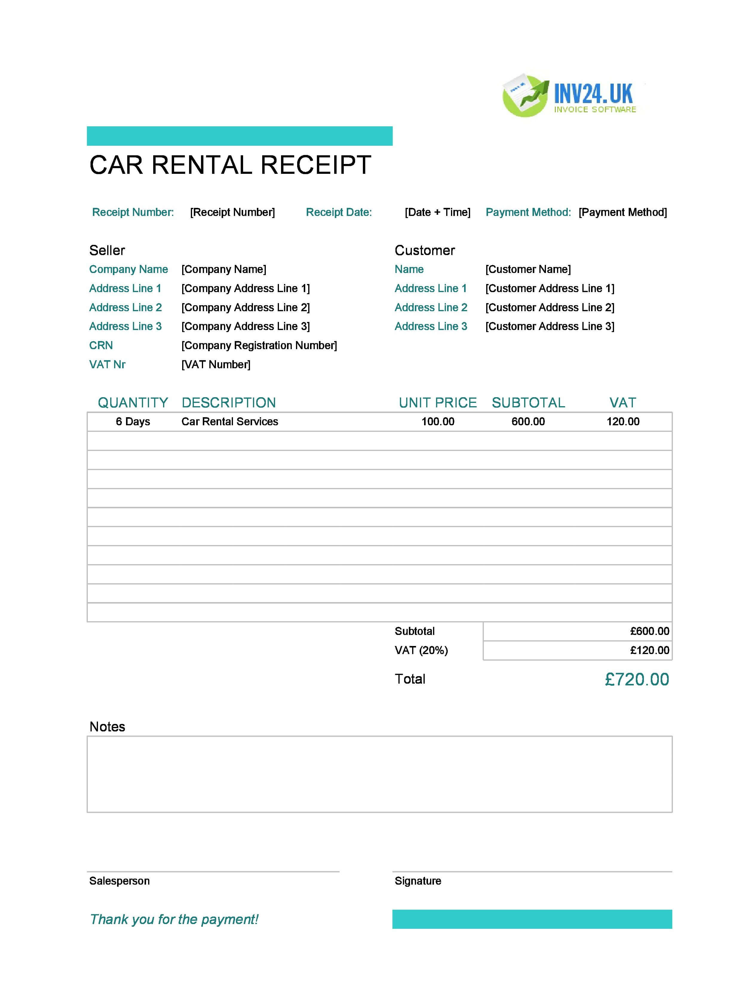 Car Rental Receipt Template for UK (Excel / Google Sheets)